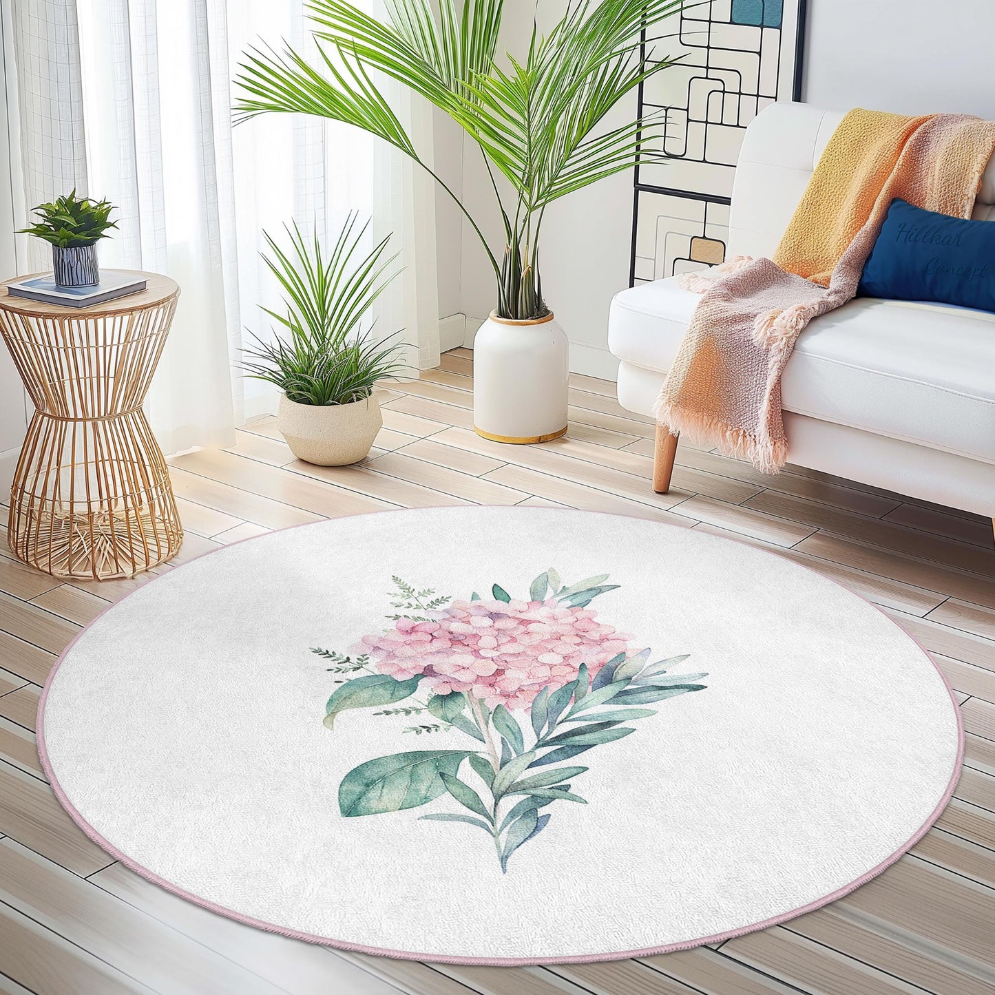 Runder Teppich mit Blumenmuster, weicher Teppich mit Blumenmuster für das Wohnzimmer, runder Dekoteppich, Wohnaccessoire im Bohème-Stil