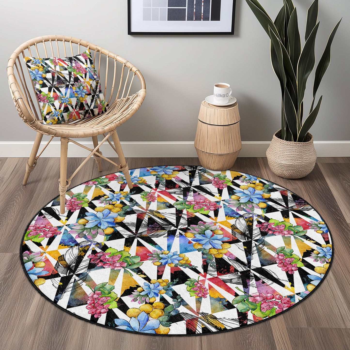Runder Teppich mit floralem und geometrischem Muster, Teppich mit lebendigem Blumenmuster, moderner runder Teppich für das Wohnzimmer, einzigartige Wohndekoration, stilvoller runder Teppich