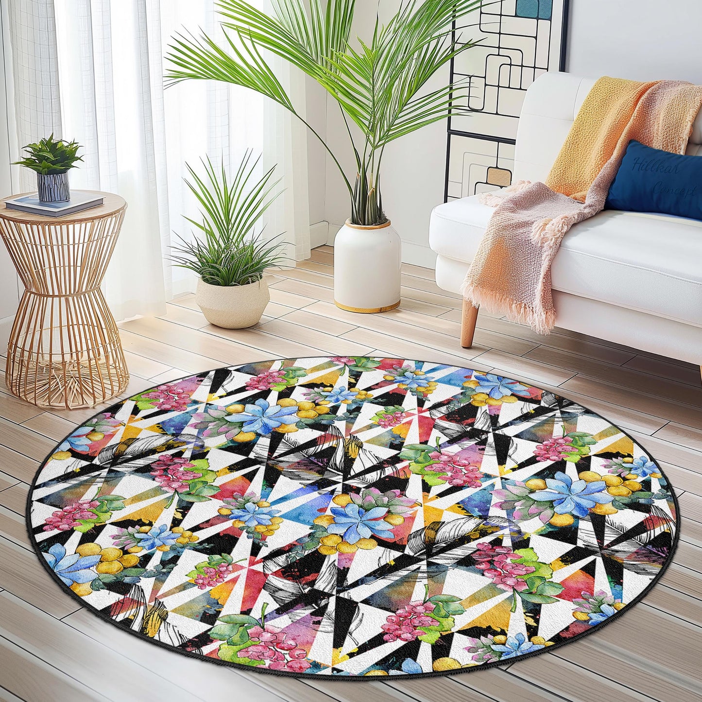 Runder Teppich mit floralem und geometrischem Muster, Teppich mit lebendigem Blumenmuster, moderner runder Teppich für das Wohnzimmer, einzigartige Wohndekoration, stilvoller runder Teppich