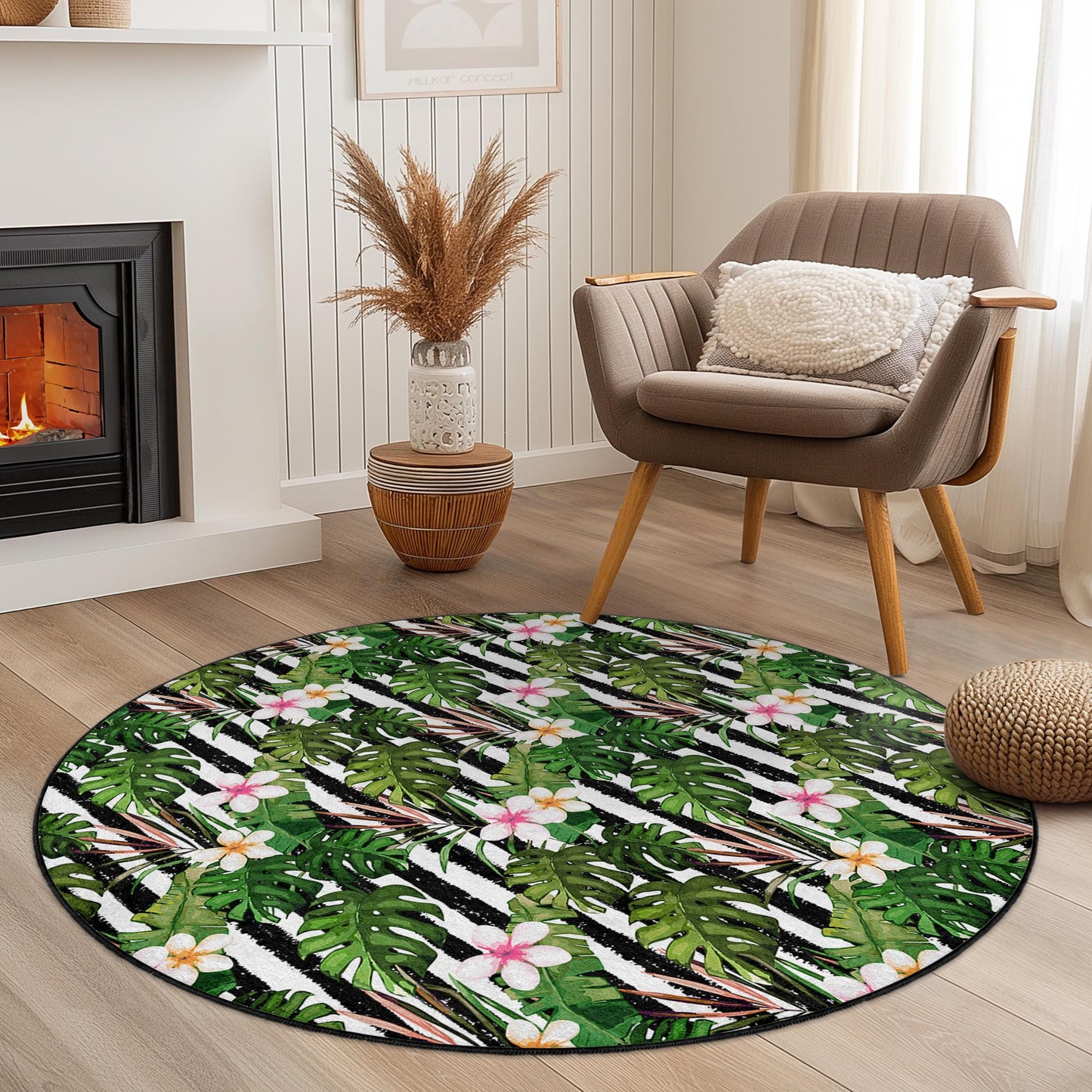 Runder Teppich mit tropischem Blattmuster, runder Teppich mit Blumenmuster, runder Boho-Teppich, Innendekoration, Wohnzimmerteppich, Wohnaccessoire