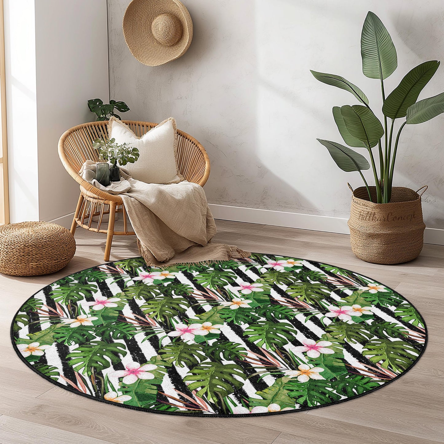 Runder Teppich mit tropischem Blattmuster, runder Teppich mit Blumenmuster, runder Boho-Teppich, Innendekoration, Wohnzimmerteppich, Wohnaccessoire