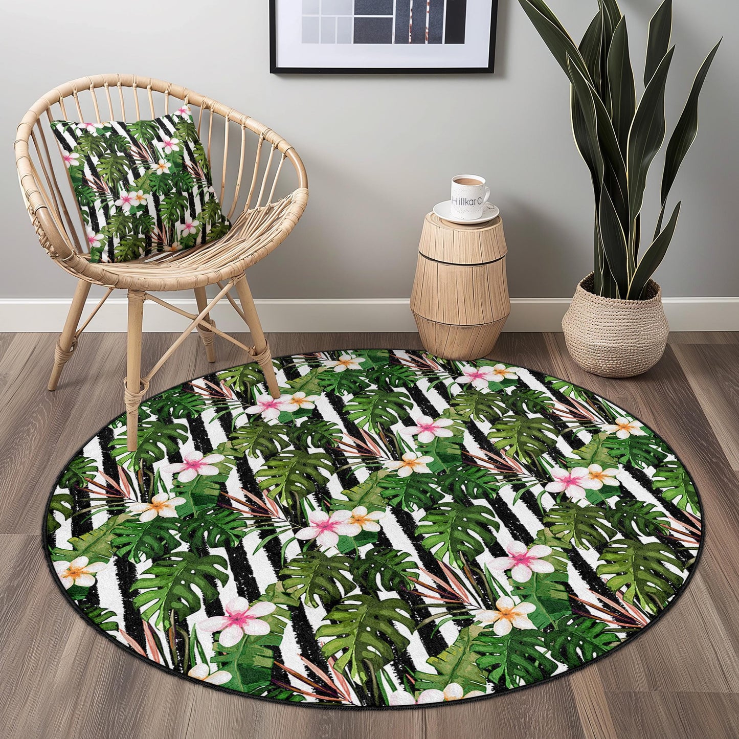 Tropical Leaf Round Area Rug, Floral Pattern Round Carpet, Bohemian Round Rug, Indoor Decor, Living Room Rug, Home Accent