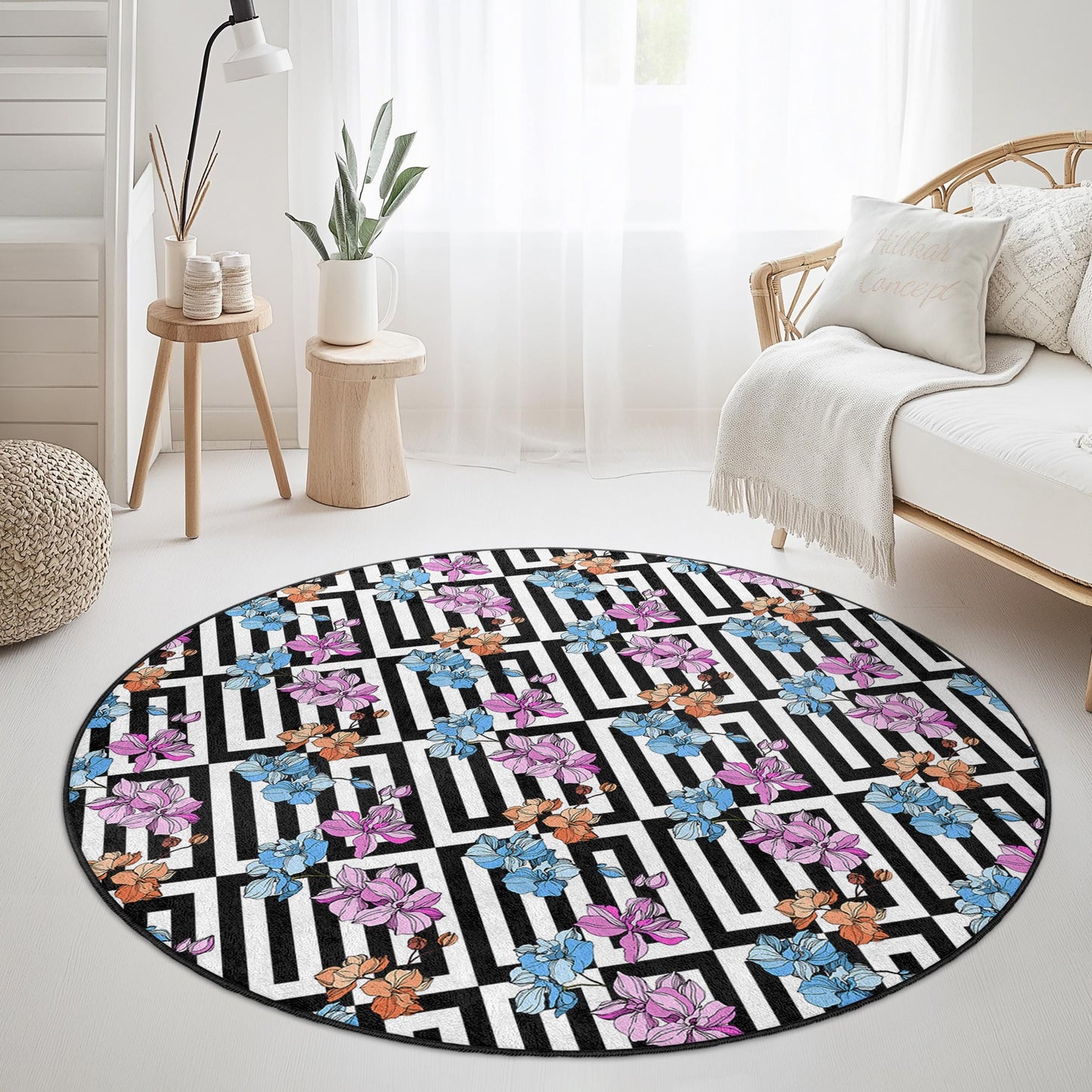 Runder Teppich mit geometrischem Blumenmuster, eleganter Teppich mit Blumenmuster, moderner runder Teppich für das Wohnzimmer, schwarz-weißer Teppich mit Blumenmuster