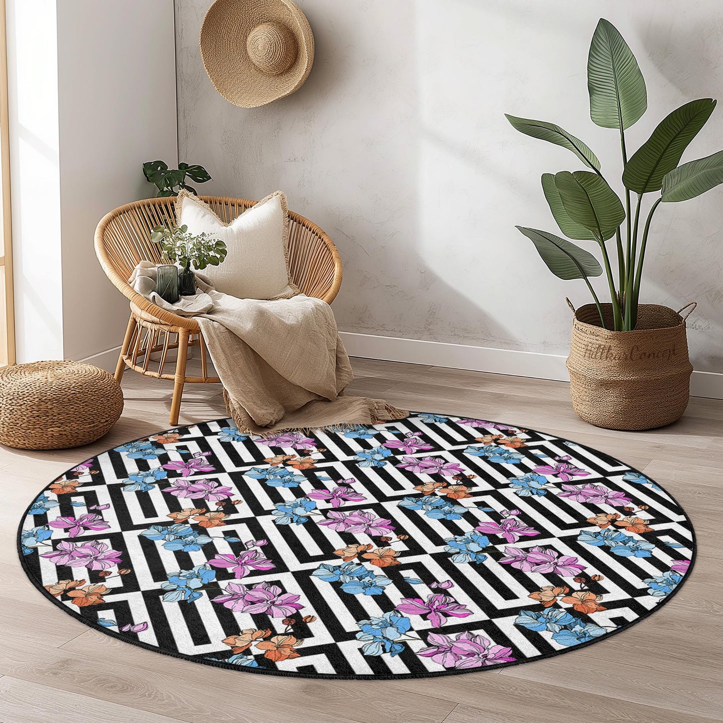 Runder Teppich mit geometrischem Blumenmuster, eleganter Teppich mit Blumenmuster, moderner runder Teppich für das Wohnzimmer, schwarz-weißer Teppich mit Blumenmuster