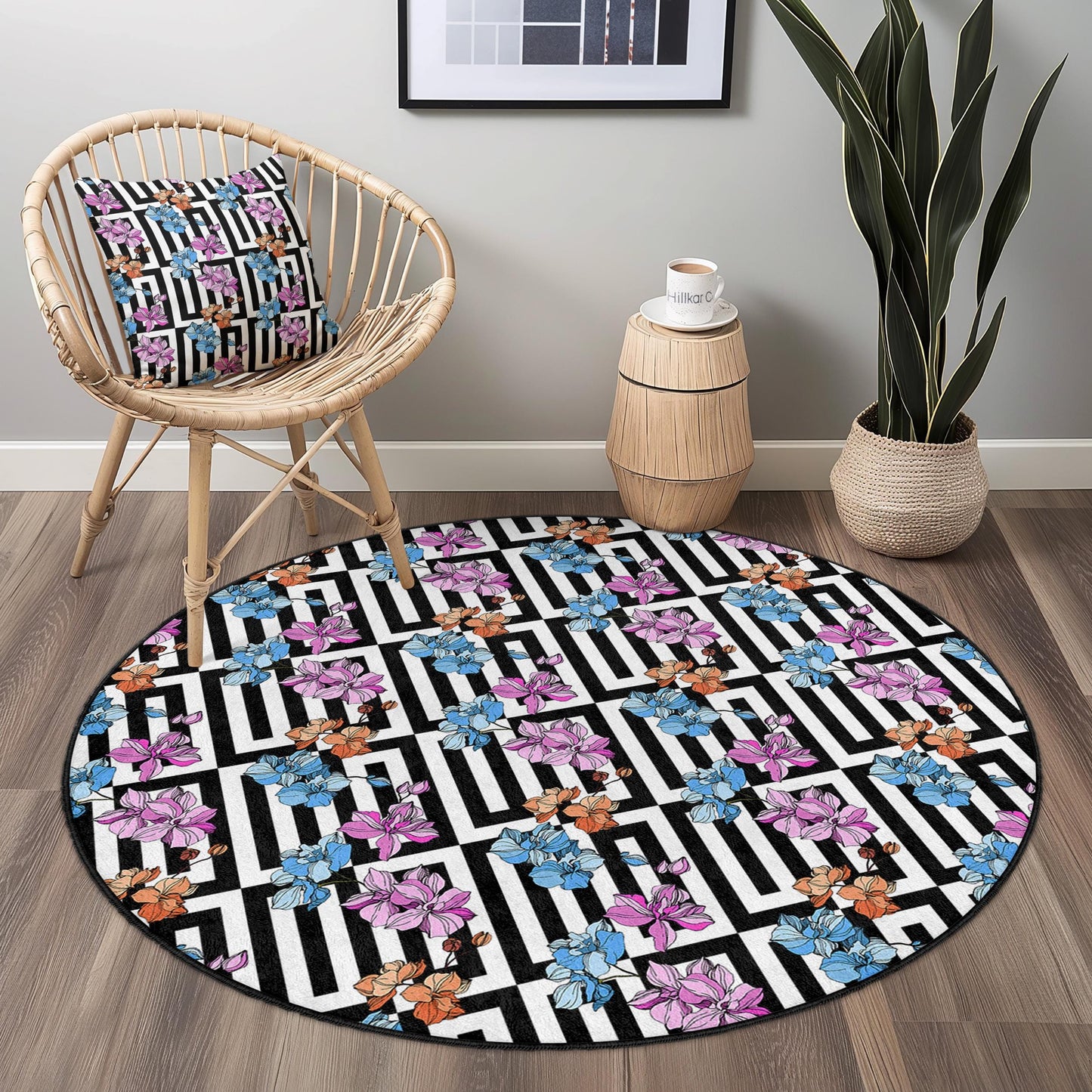 Runder Teppich mit geometrischem Blumenmuster, eleganter Teppich mit Blumenmuster, moderner runder Teppich für das Wohnzimmer, schwarz-weißer Teppich mit Blumenmuster