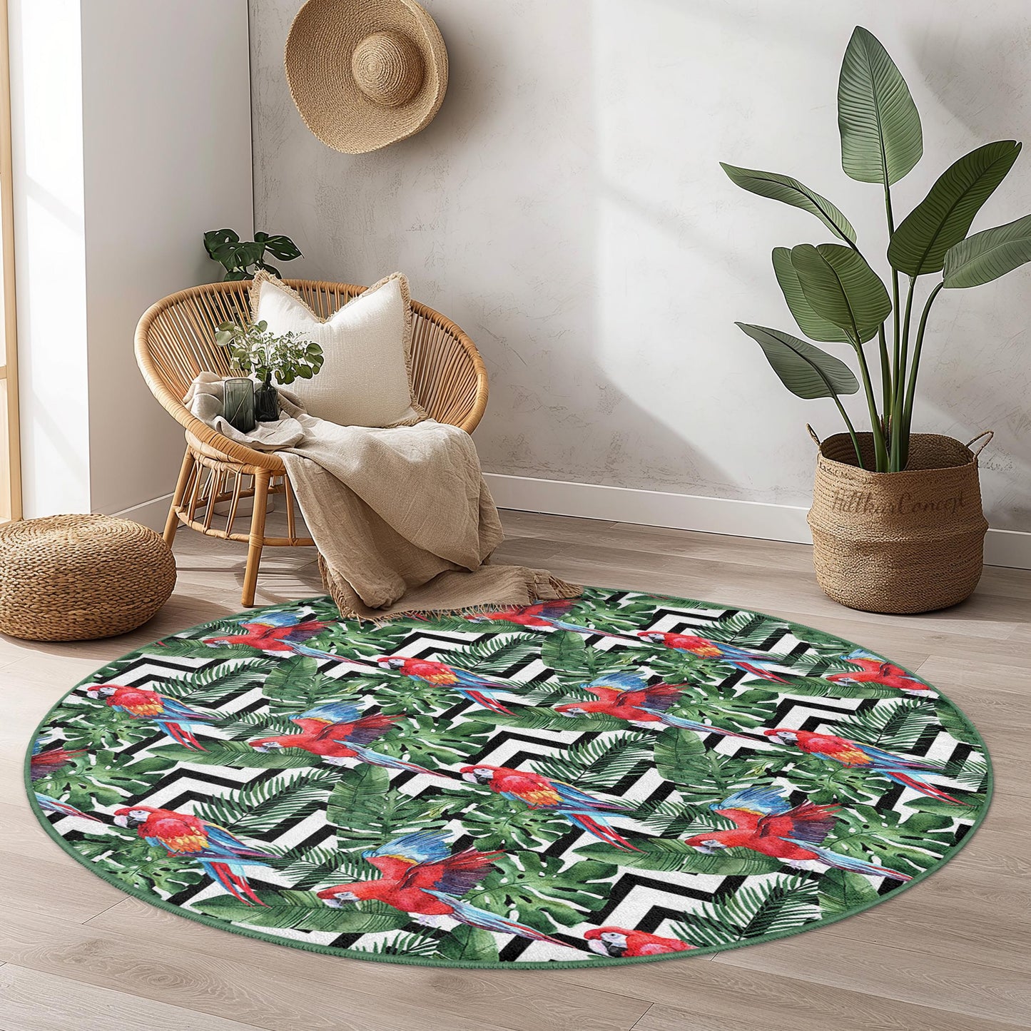 Runder Teppich mit farbenfrohem tropischem Papageienmuster, Dschungelmotiv, Boho-Stil, Wohnzimmerteppich, einzigartiger runder Teppich