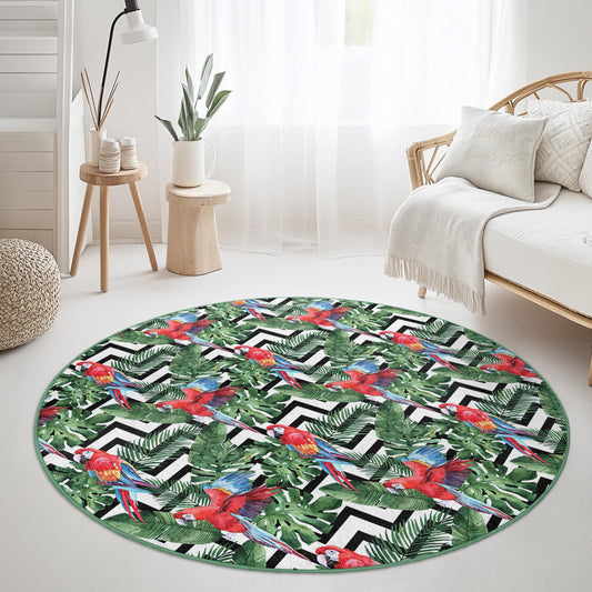 Vibrant Tropical Parrot Round Area Rug, Colorful Jungle Pattern, Bohemian Home Decor, Living Room Carpet, Unique Round Rug