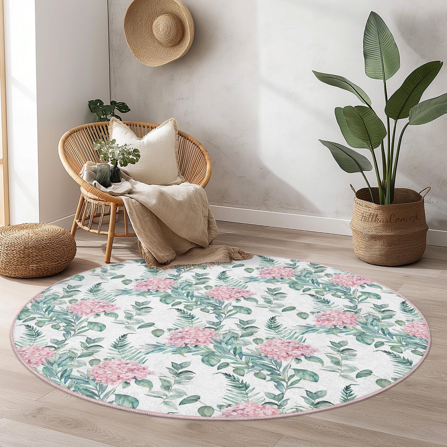 Runder Teppich mit Blumenmuster, runder Teppich mit rosa Blumenmuster, Teppich mit botanischem Print für das Wohnzimmer, weicher runder Teppich für die Heimdekoration