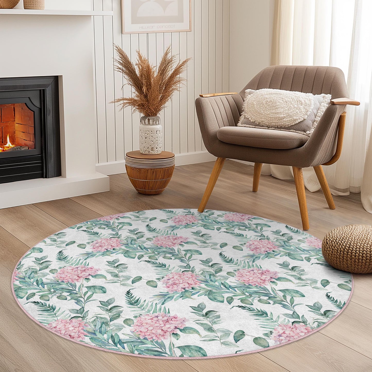 Runder Teppich mit Blumenmuster, runder Teppich mit rosa Blumenmuster, Teppich mit botanischem Print für das Wohnzimmer, weicher runder Teppich für die Heimdekoration