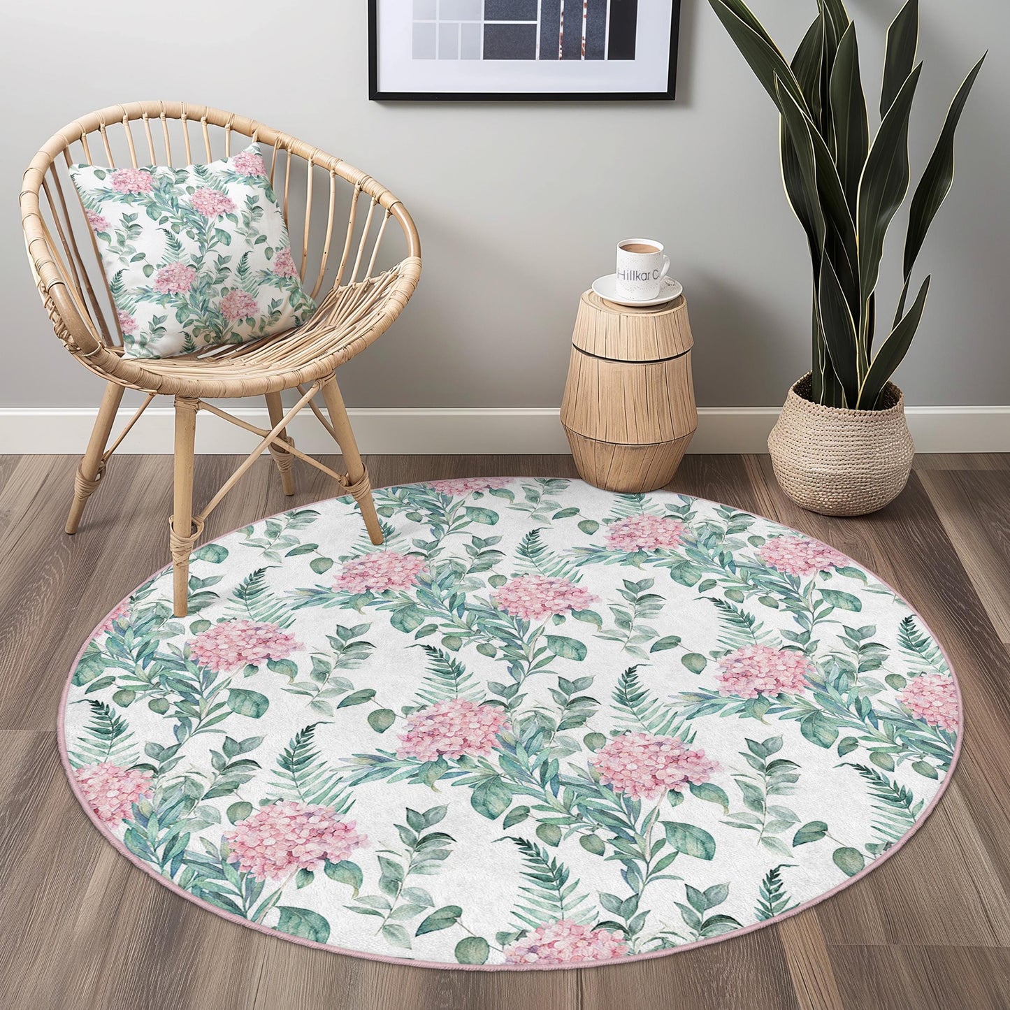 Runder Teppich mit Blumenmuster, runder Teppich mit rosa Blumenmuster, Teppich mit botanischem Print für das Wohnzimmer, weicher runder Teppich für die Heimdekoration