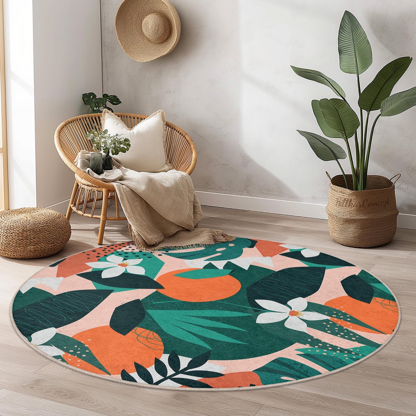 Runder Teppich mit tropischem Blattmuster, runder Boho-Teppich, Innendekoration, Wohnzimmerteppich, einzigartiger runder Teppich, Teppich mit Blumendesign