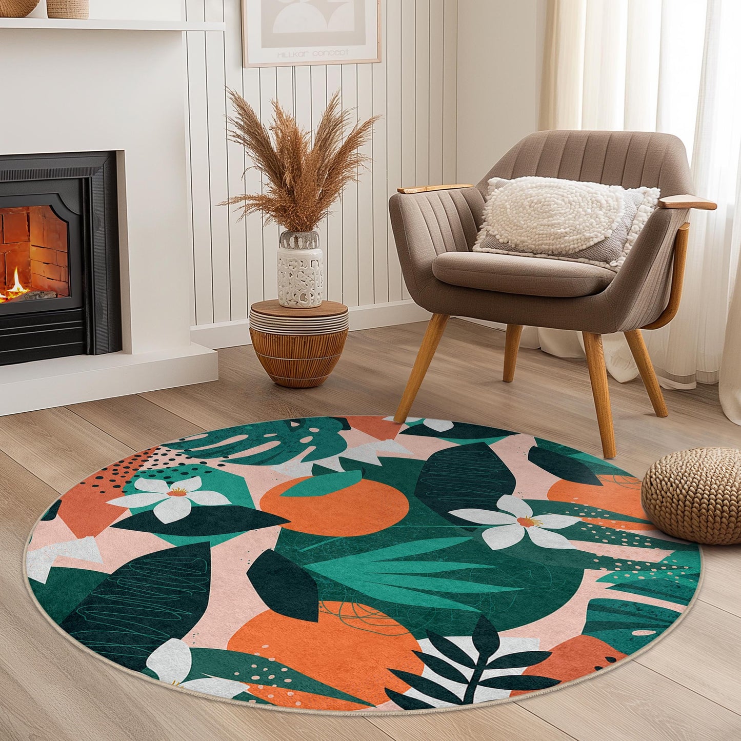 Runder Teppich mit tropischem Blattmuster, runder Boho-Teppich, Innendekoration, Wohnzimmerteppich, einzigartiger runder Teppich, Teppich mit Blumendesign