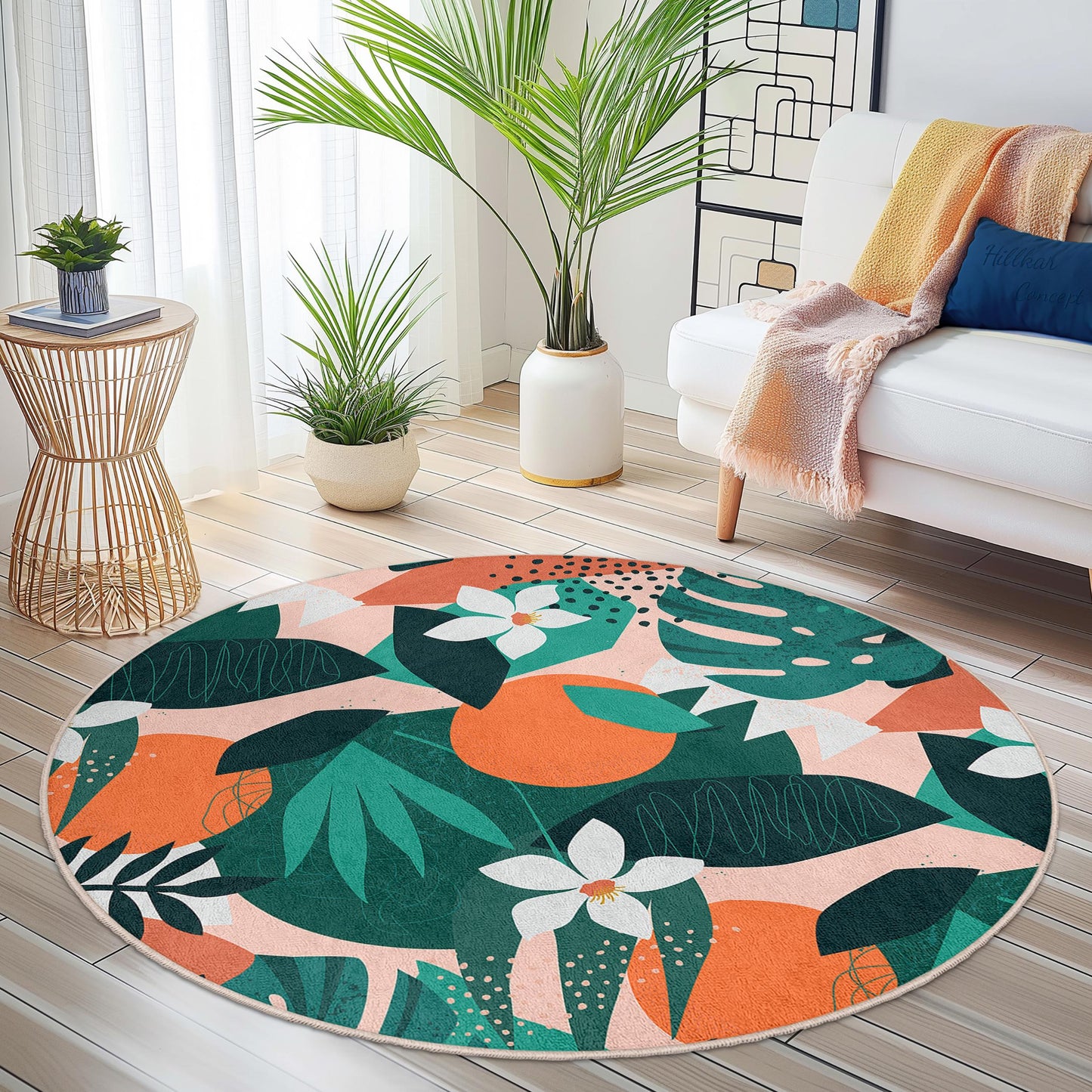 Tropical Leaf Pattern Round Area Rug, Bohemian Round Rug, Indoor Decor, Living Room Rug, Unique Round Carpet, Floral Design Rug