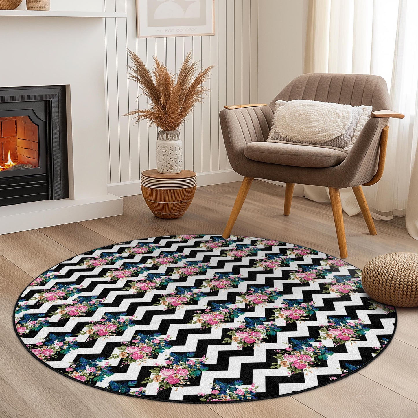 Runder Teppich mit floralem Chevron-Muster, stilvoller runder Teppich, schicker Wohnzimmerteppich, Boho-Dekoration, moderner schwarz-weißer Teppich