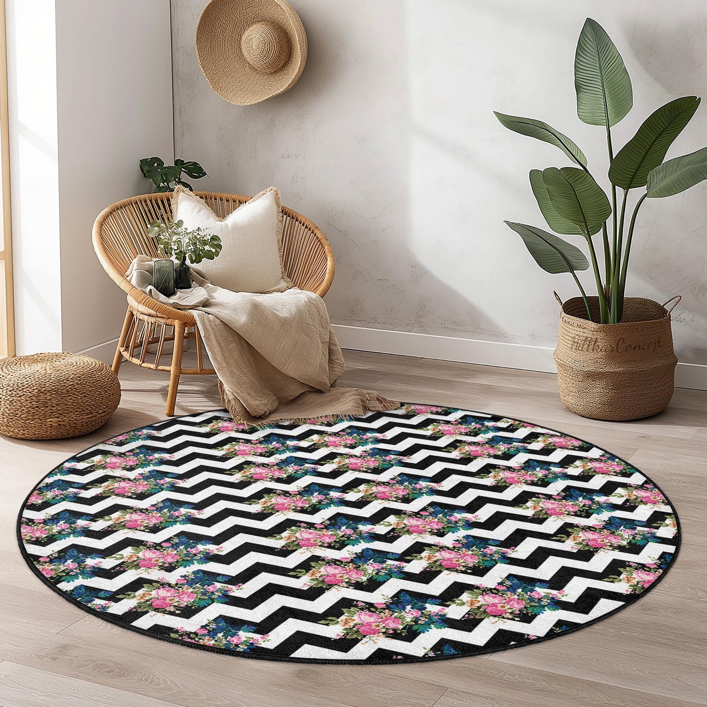 Runder Teppich mit floralem Chevron-Muster, stilvoller runder Teppich, schicker Wohnzimmerteppich, Boho-Dekoration, moderner schwarz-weißer Teppich