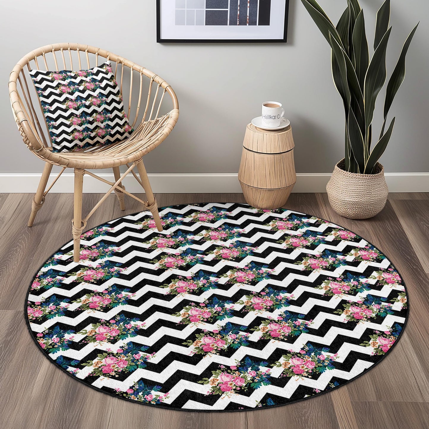 Runder Teppich mit floralem Chevron-Muster, stilvoller runder Teppich, schicker Wohnzimmerteppich, Boho-Dekoration, moderner schwarz-weißer Teppich