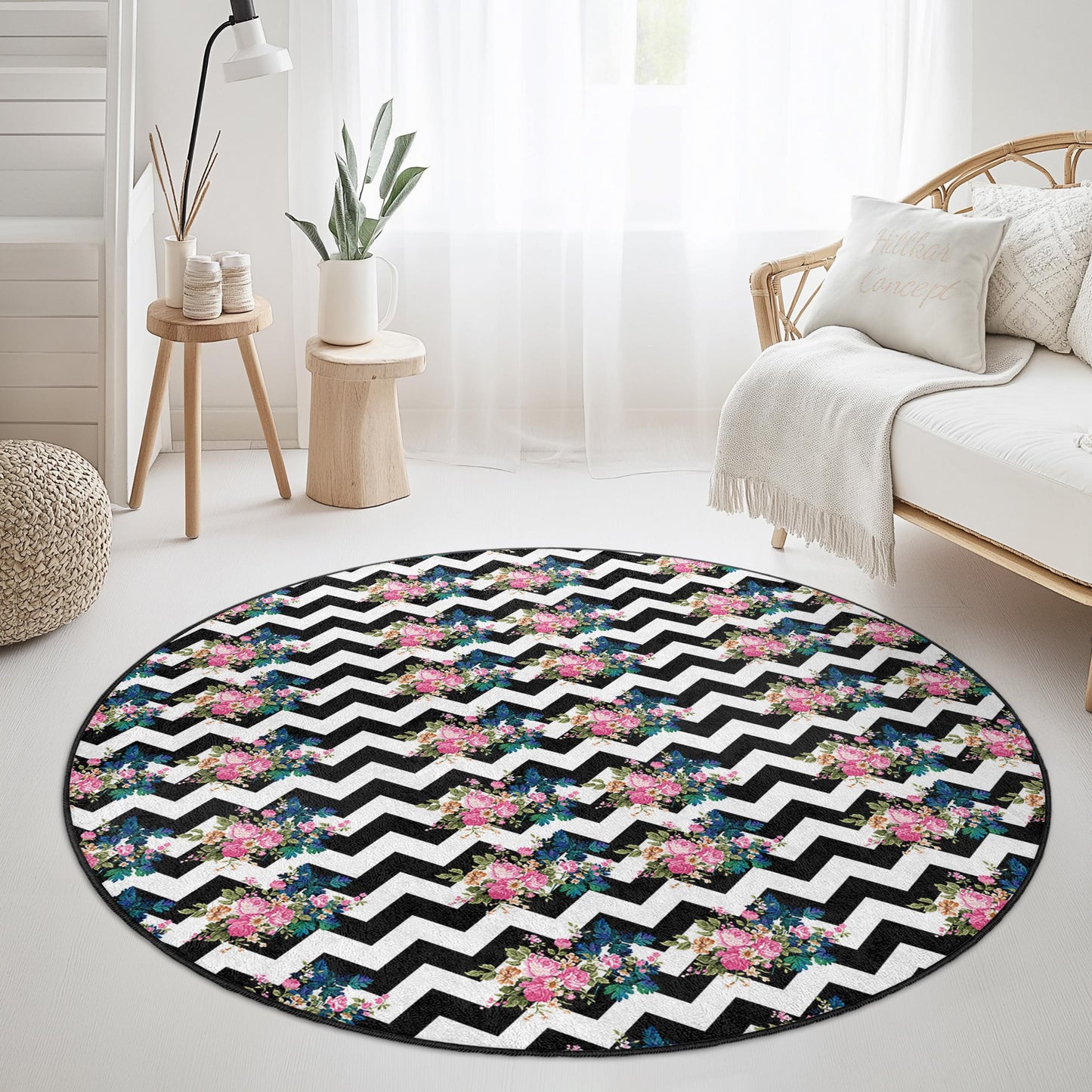 Floral Chevron Pattern Round Area Rug, Stylish Round Carpet, Chic Living Room Rug, Bohemian Home Decor, Modern Black and White Rug