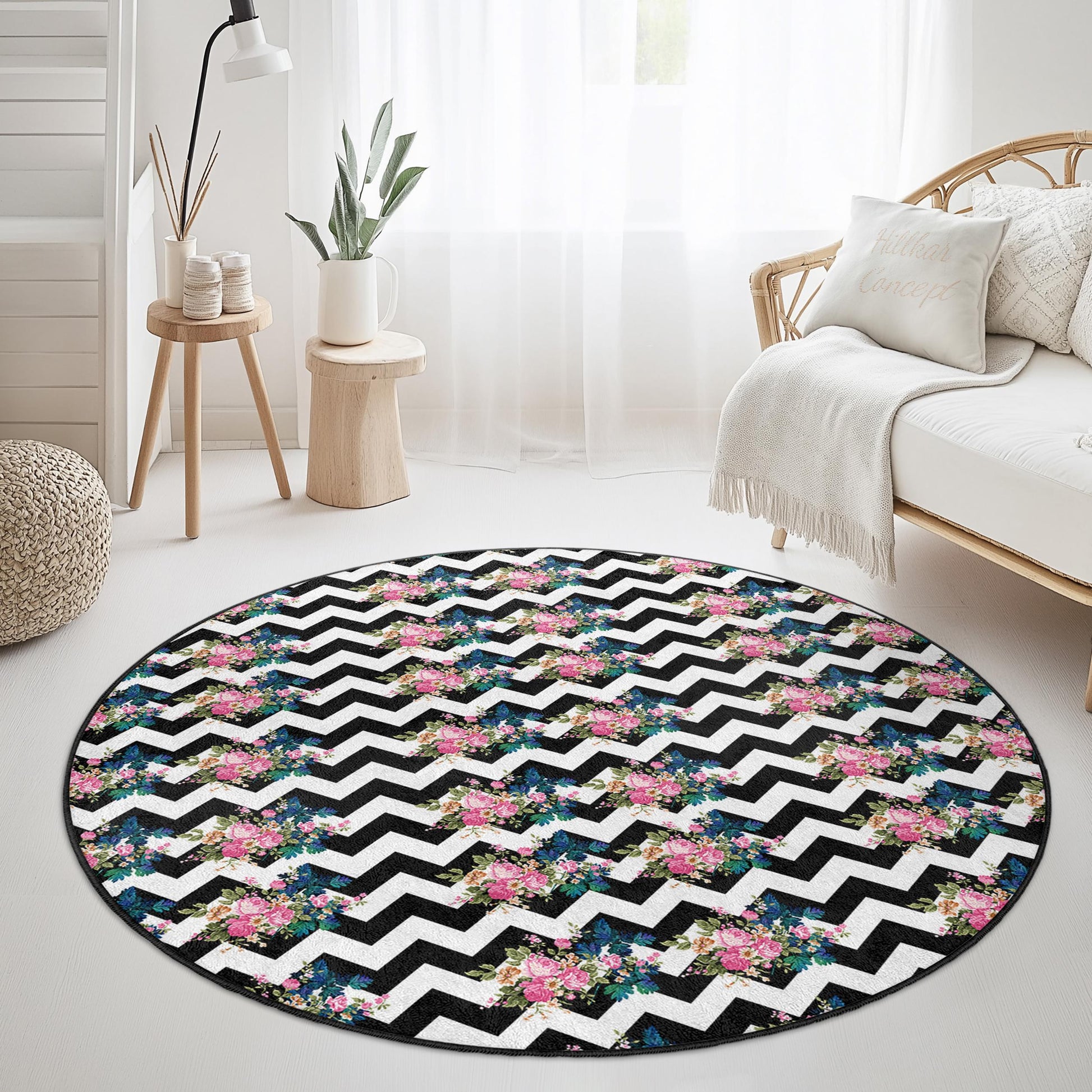 Floral Chevron Pattern Round Area Rug, Stylish Round Carpet, Chic Living Room Rug, Bohemian Home Decor, Modern Black and White Rug