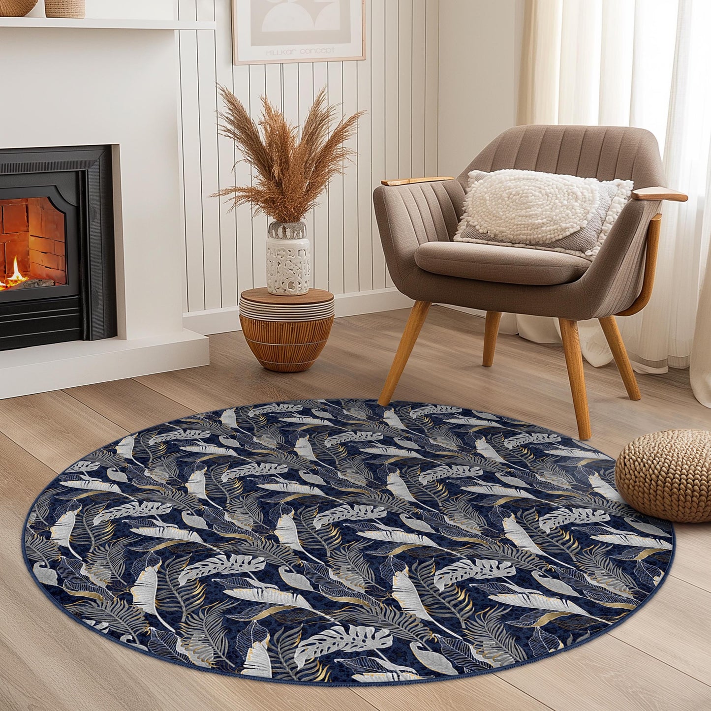 Eleganter runder Teppich mit Blattmuster, floraler runder Teppich für das Wohnzimmer, Boho-Dekor, runde Matte für den Innenbereich, weicher runder Teppich