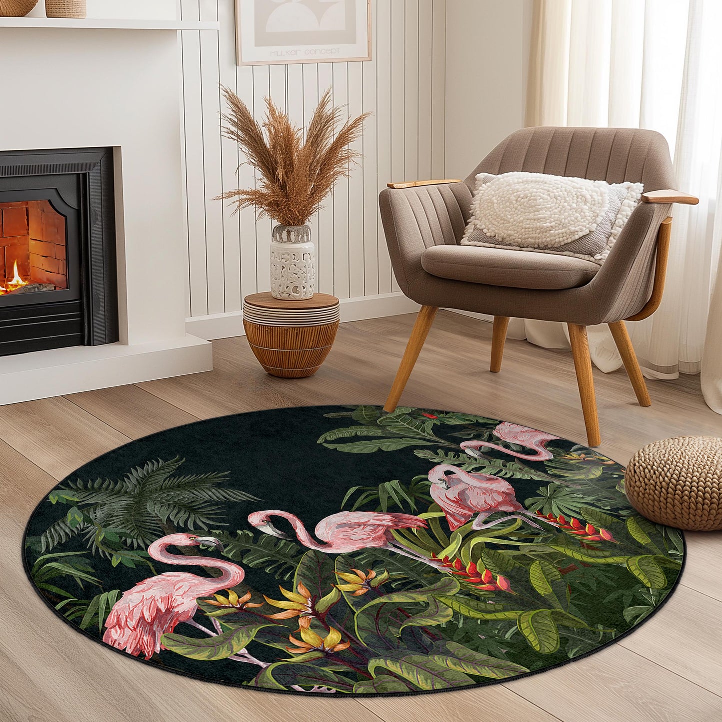 Runder Teppich mit tropischem Flamingo-Flair, exotischer Flamingo-Teppich, runder Wohnzimmerteppich, Boho-Dekoration, Dschungelteppich