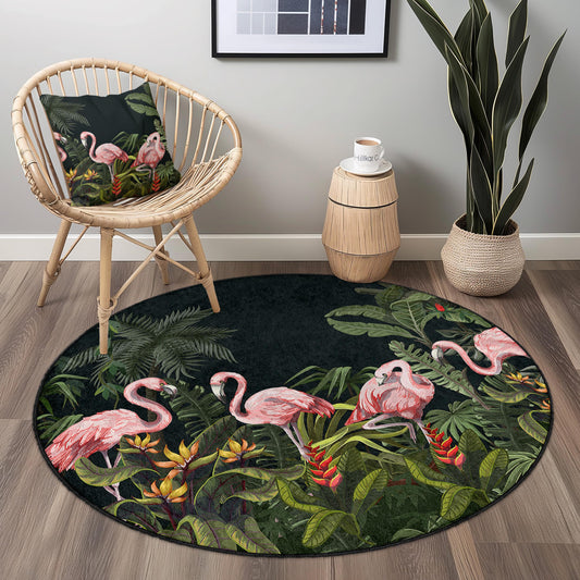 Tropical Flamingo Round Area Rug, Exotic Flamingo Carpet, Round Living Room Rug, Bohemian Home Decor, Tropical Jungle Rug