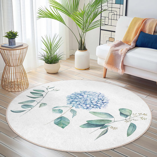 Watercolor Floral Round Area Rug, Blue Hydrangea Round Carpet, Botanical Home Decor, Vintage Style Living Room Rug, Nature Inspired Rug