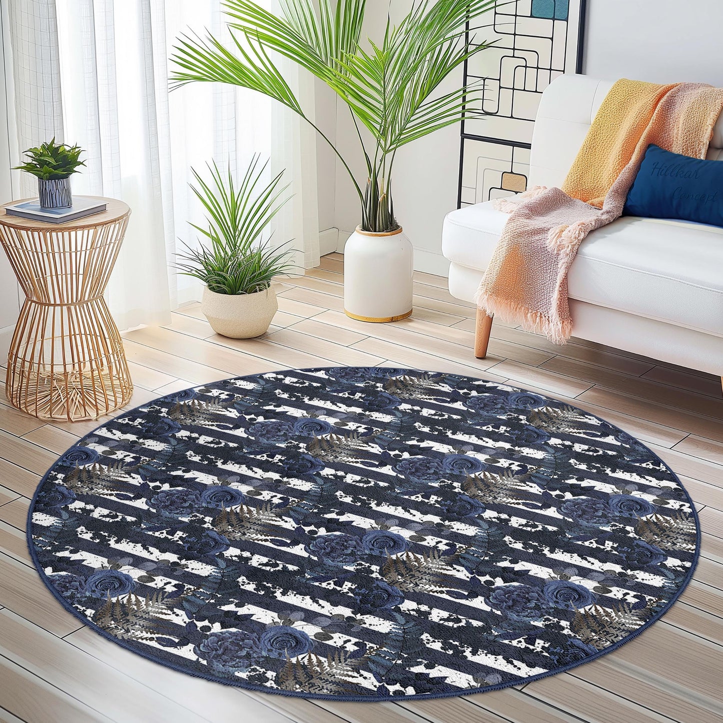 Eleganter runder Teppich mit Blumenmuster, blau-weißer runder Teppich mit Blumenmuster, stilvolle Wohndekoration, Wohnzimmerteppich, Teppich im Bohème-Stil