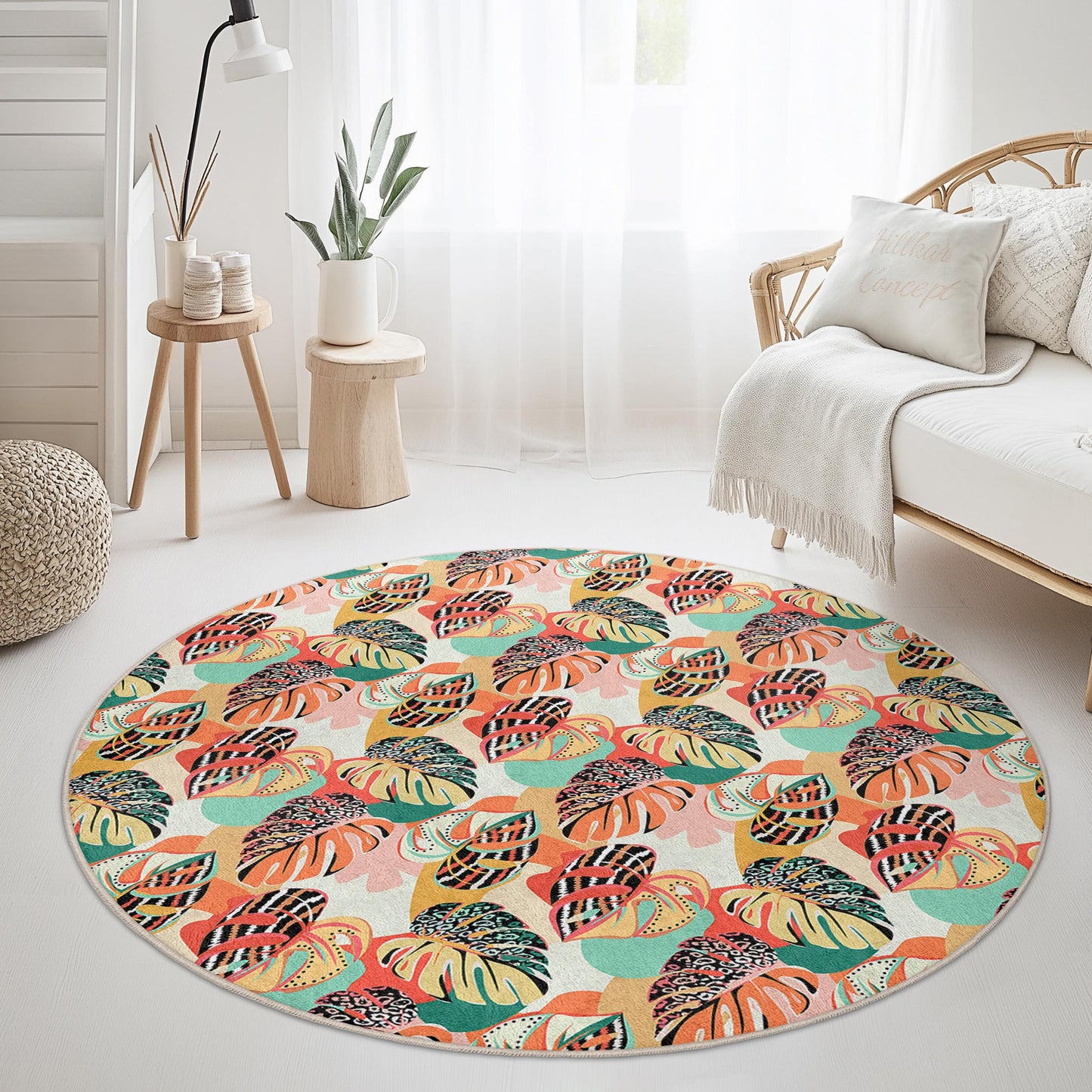 Runder Teppich mit farbenfrohem Tropenblattmuster, runder Teppich im Bohème-Stil, Wohnzimmerdekoration, runder Teppich für den Innenbereich, Wohnaccessoires