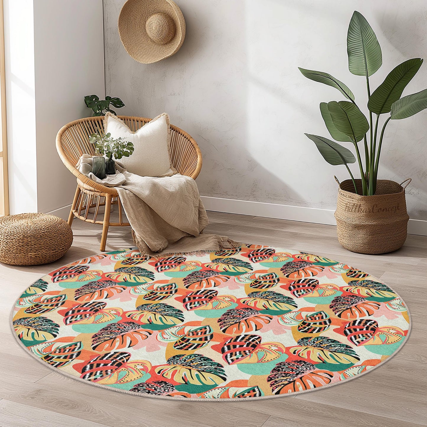 Runder Teppich mit farbenfrohem Tropenblattmuster, runder Teppich im Bohème-Stil, Wohnzimmerdekoration, runder Teppich für den Innenbereich, Wohnaccessoires