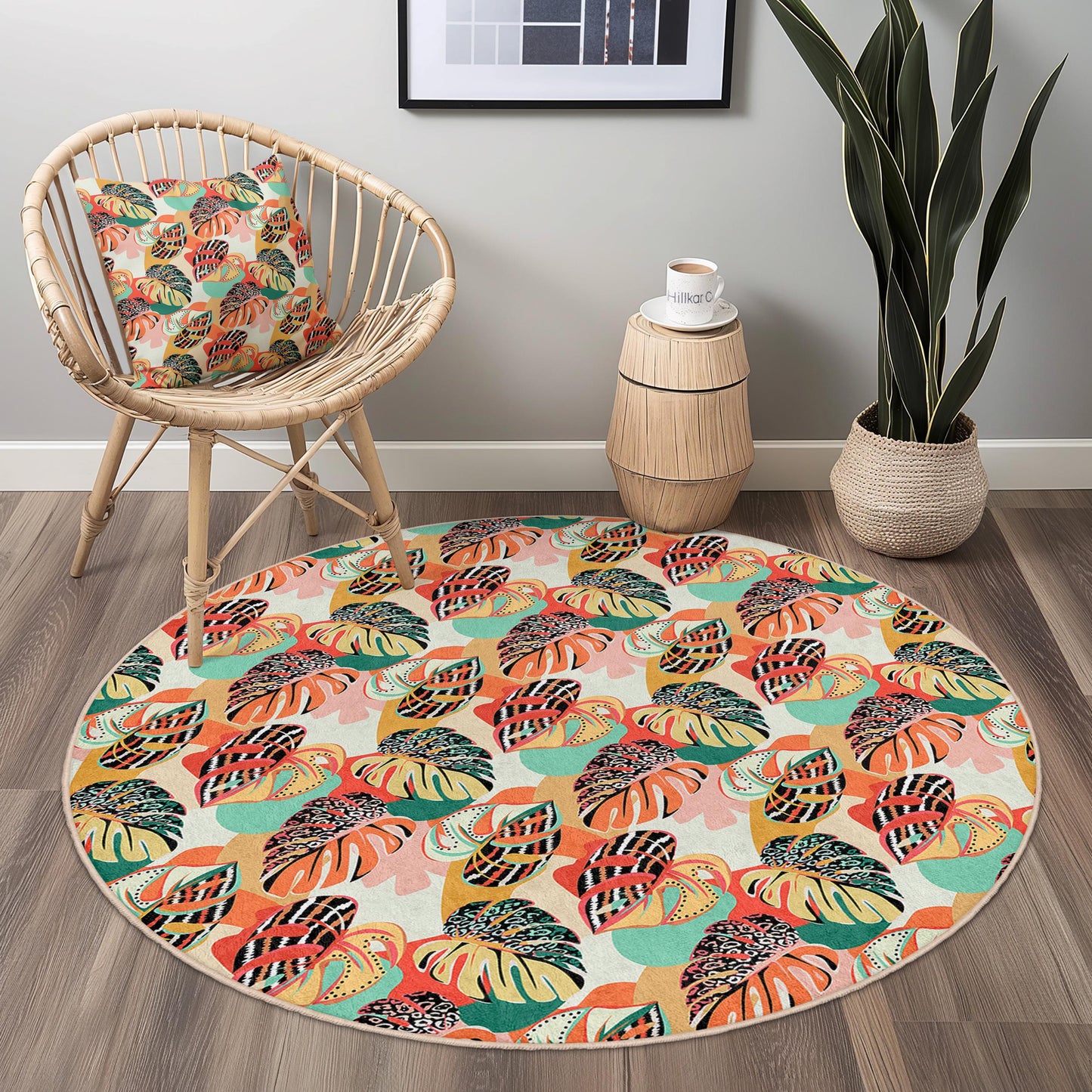 Runder Teppich mit farbenfrohem Tropenblattmuster, runder Teppich im Bohème-Stil, Wohnzimmerdekoration, runder Teppich für den Innenbereich, Wohnaccessoires