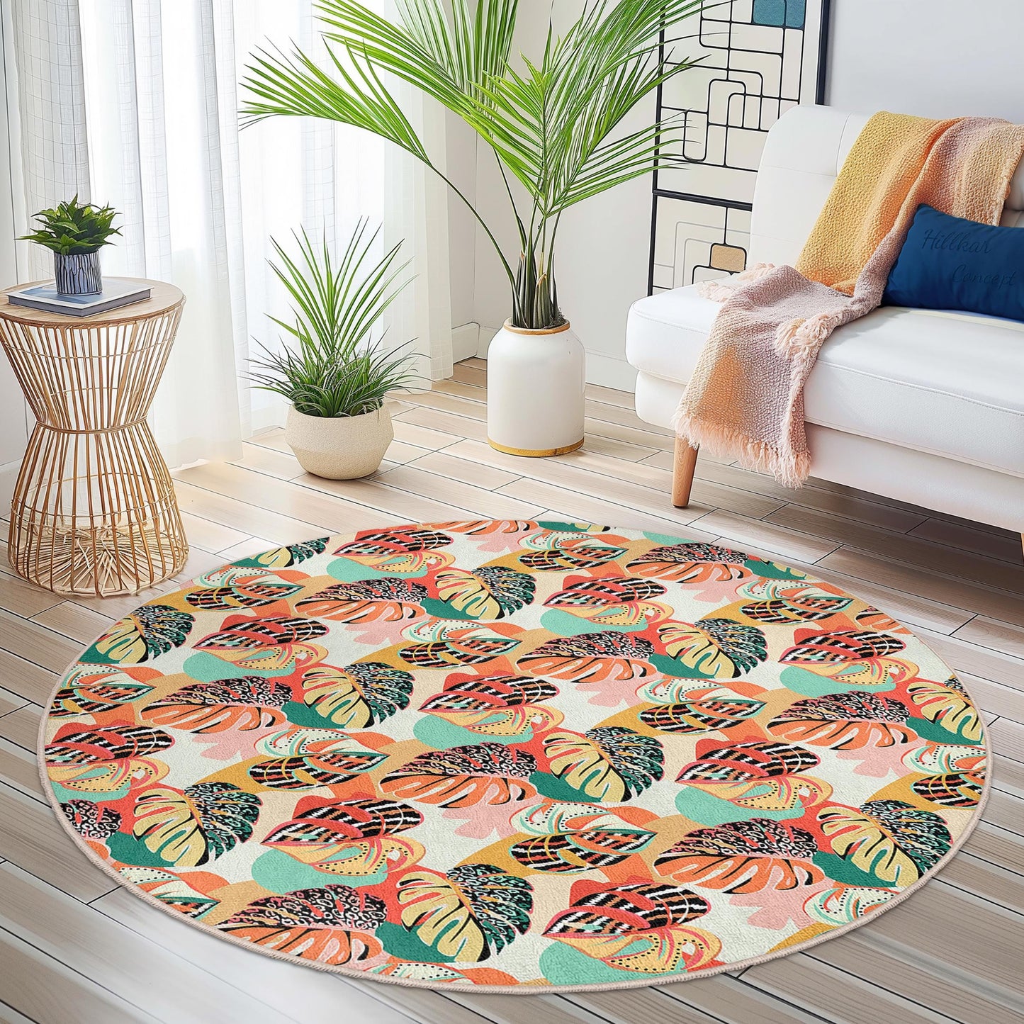 Runder Teppich mit farbenfrohem Tropenblattmuster, runder Teppich im Bohème-Stil, Wohnzimmerdekoration, runder Teppich für den Innenbereich, Wohnaccessoires