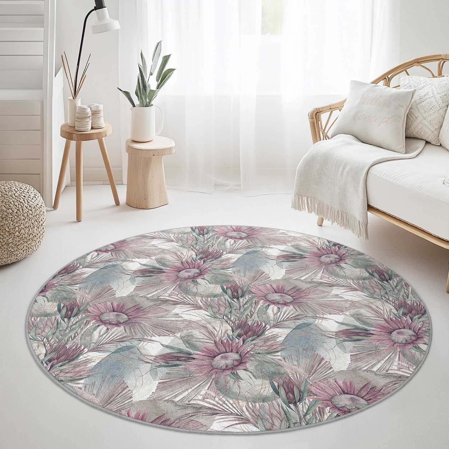 Runder Teppich mit Blumenmuster, eleganter runder Teppich, Wohnzimmerdeko, Boho-Chic-Teppich, Wohndesign, moderner runder Teppich