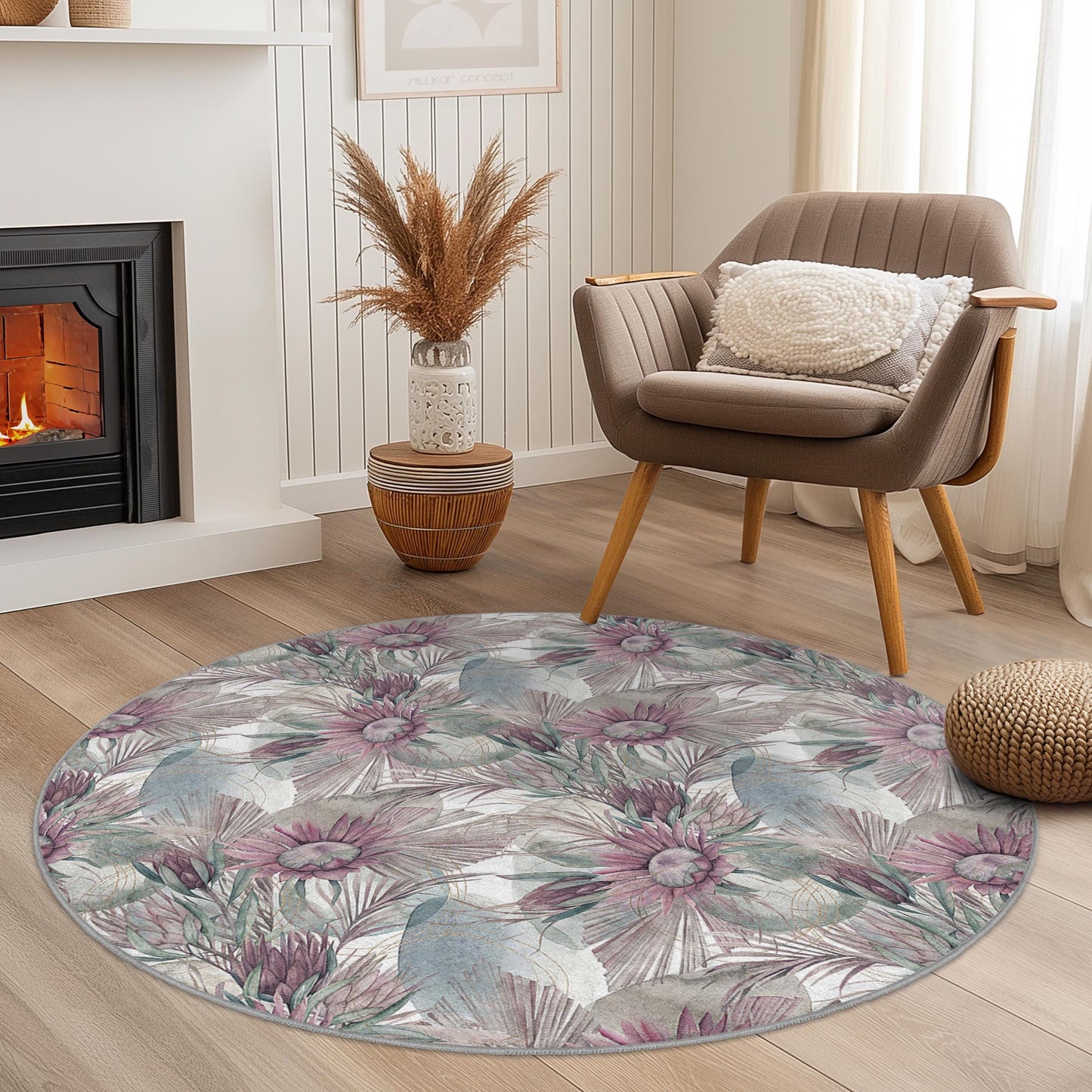 Runder Teppich mit Blumenmuster, eleganter runder Teppich, Wohnzimmerdeko, Boho-Chic-Teppich, Wohndesign, moderner runder Teppich