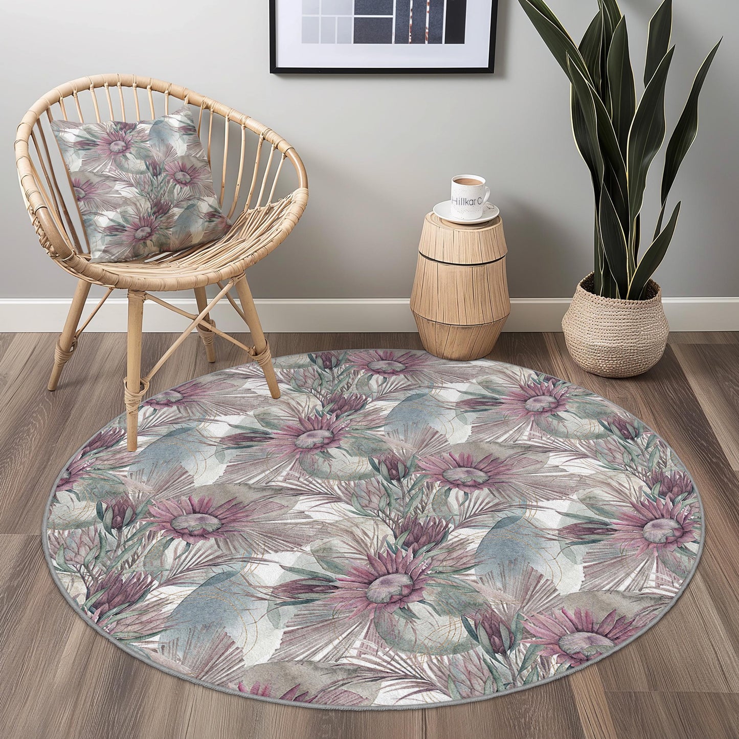 Runder Teppich mit Blumenmuster, eleganter runder Teppich, Wohnzimmerdeko, Boho-Chic-Teppich, Wohndesign, moderner runder Teppich