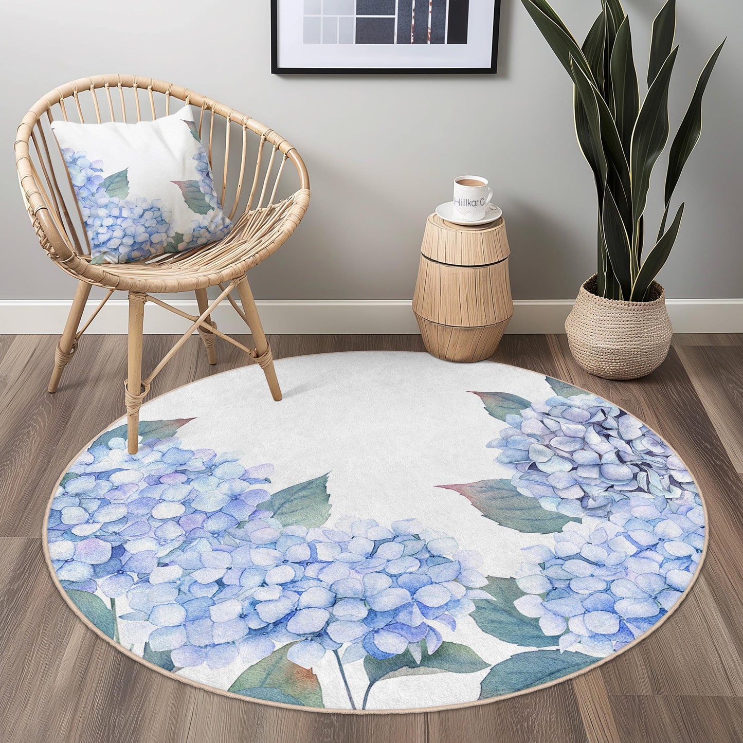 Runder Teppich mit Hortensienmuster, runder Teppich mit botanischem Blumenmuster, Wohnzimmerteppich mit Blumenmuster, dekorativer runder Teppich für Zuhause