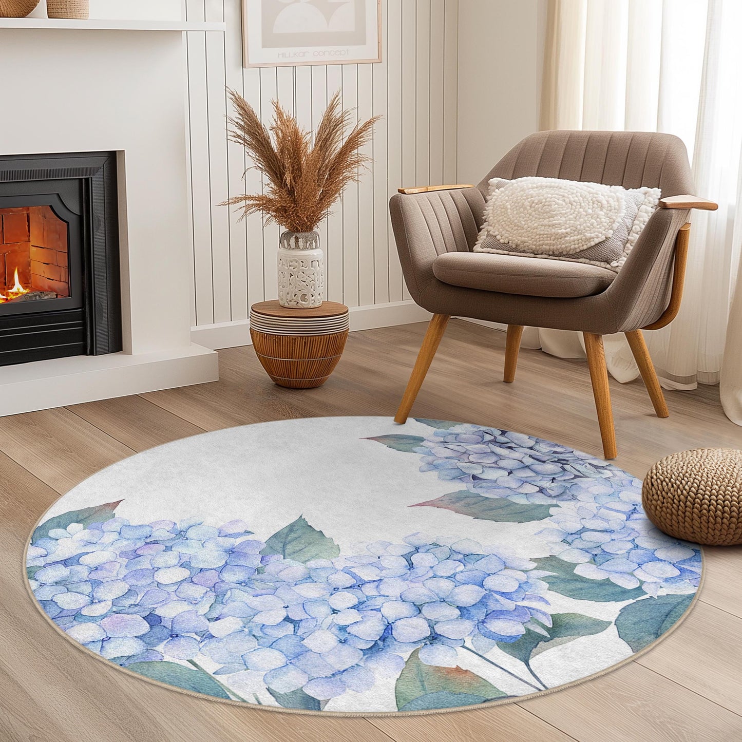 Runder Teppich mit Hortensienmuster, runder Teppich mit botanischem Blumenmuster, Wohnzimmerteppich mit Blumenmuster, dekorativer runder Teppich für Zuhause