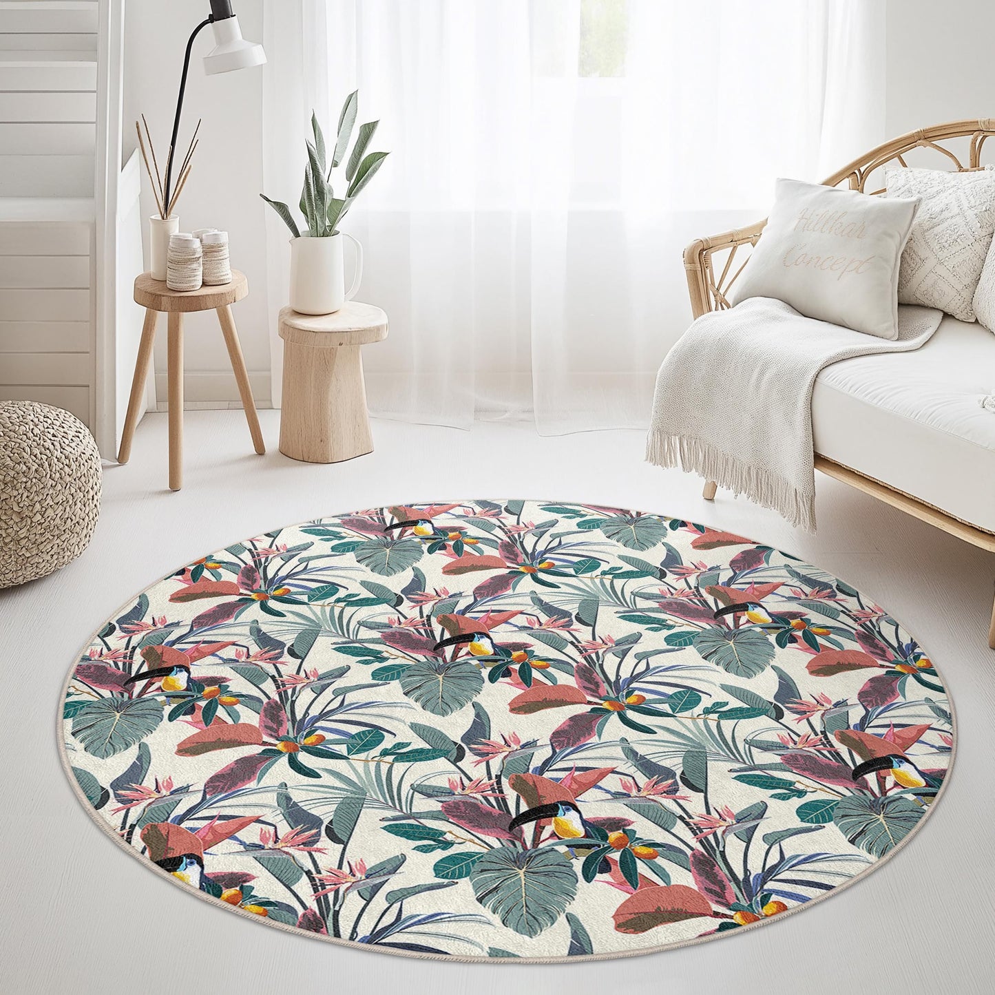 Runder Teppich mit tropischem Blumenmuster, runder Teppich im Bohème-Stil, dekorativer Teppich für den Innenbereich, Wohnzimmerteppich, weiche Bodenmatte mit Blumenmuster