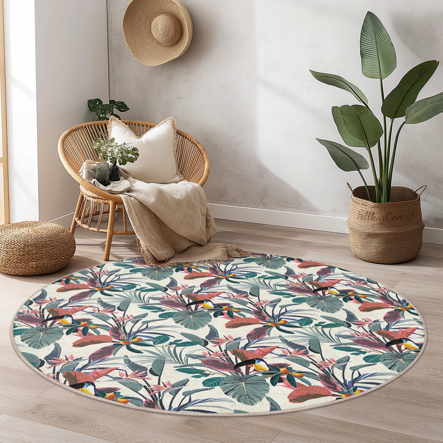 Runder Teppich mit tropischem Blumenmuster, runder Teppich im Bohème-Stil, dekorativer Teppich für den Innenbereich, Wohnzimmerteppich, weiche Bodenmatte mit Blumenmuster