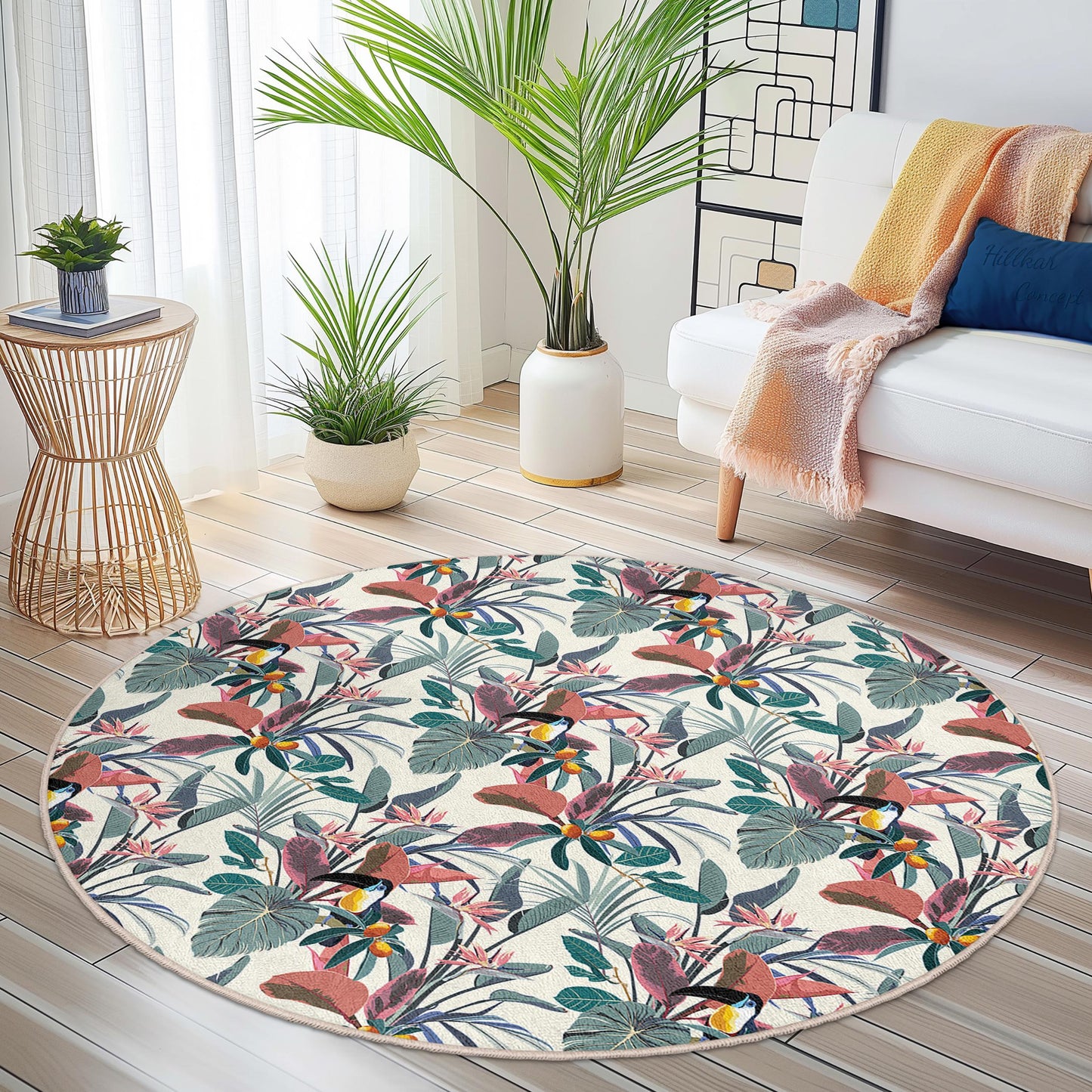Runder Teppich mit tropischem Blumenmuster, runder Teppich im Bohème-Stil, dekorativer Teppich für den Innenbereich, Wohnzimmerteppich, weiche Bodenmatte mit Blumenmuster