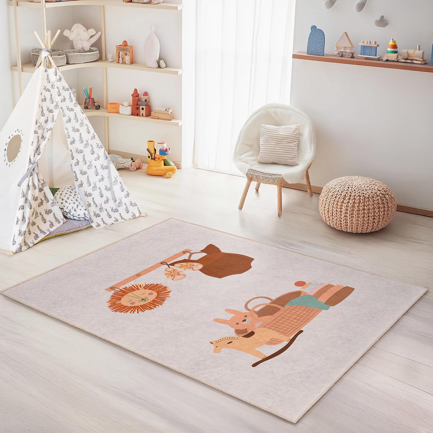 Rechteckiger Kinderteppich mit verspieltem Tiermuster, Spielzimmerteppich, Kinderzimmerteppich, bezaubernde Kinderzimmerdekoration, weiche Spielmatte