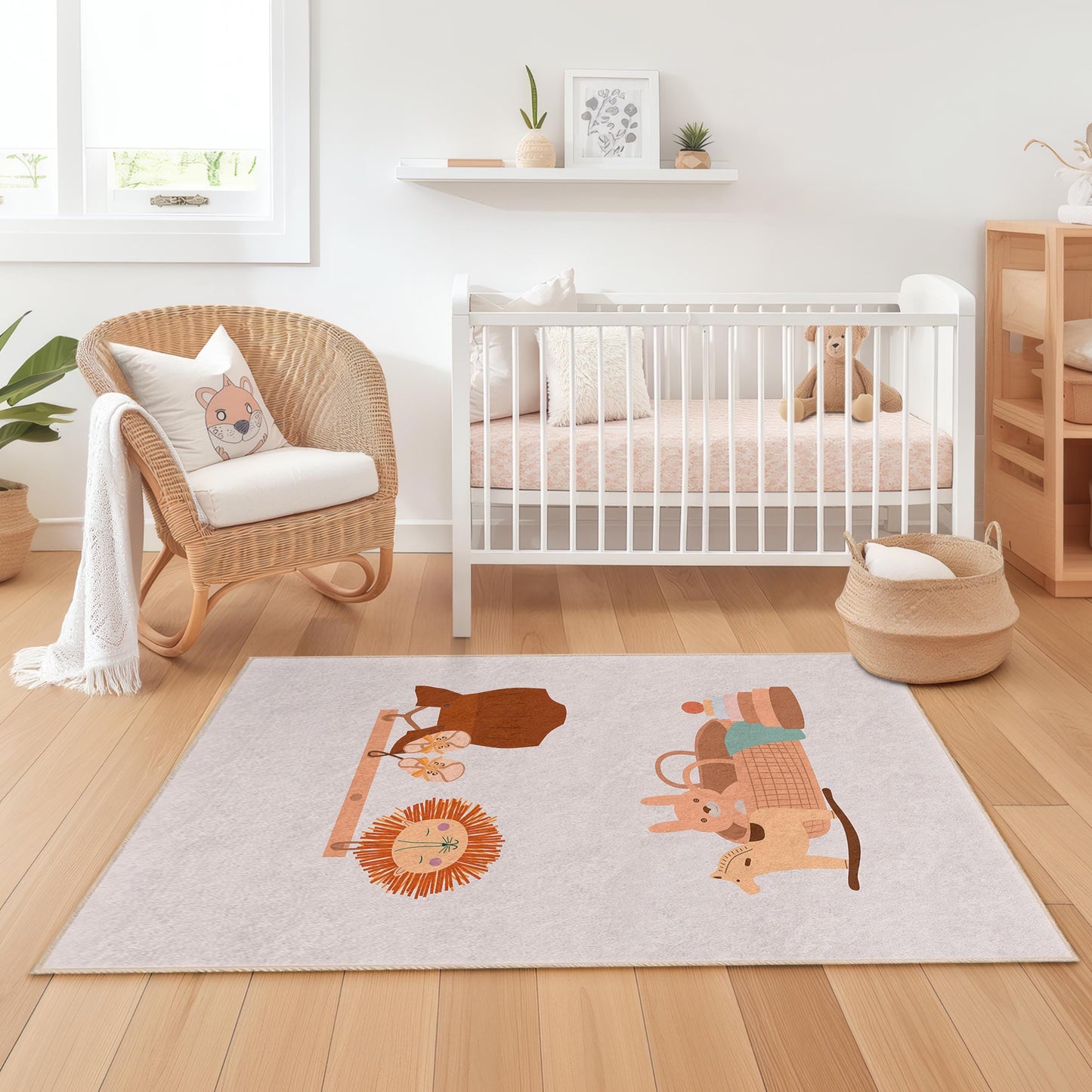 Rechteckiger Kinderteppich mit verspieltem Tiermuster, Spielzimmerteppich, Kinderzimmerteppich, bezaubernde Kinderzimmerdekoration, weiche Spielmatte
