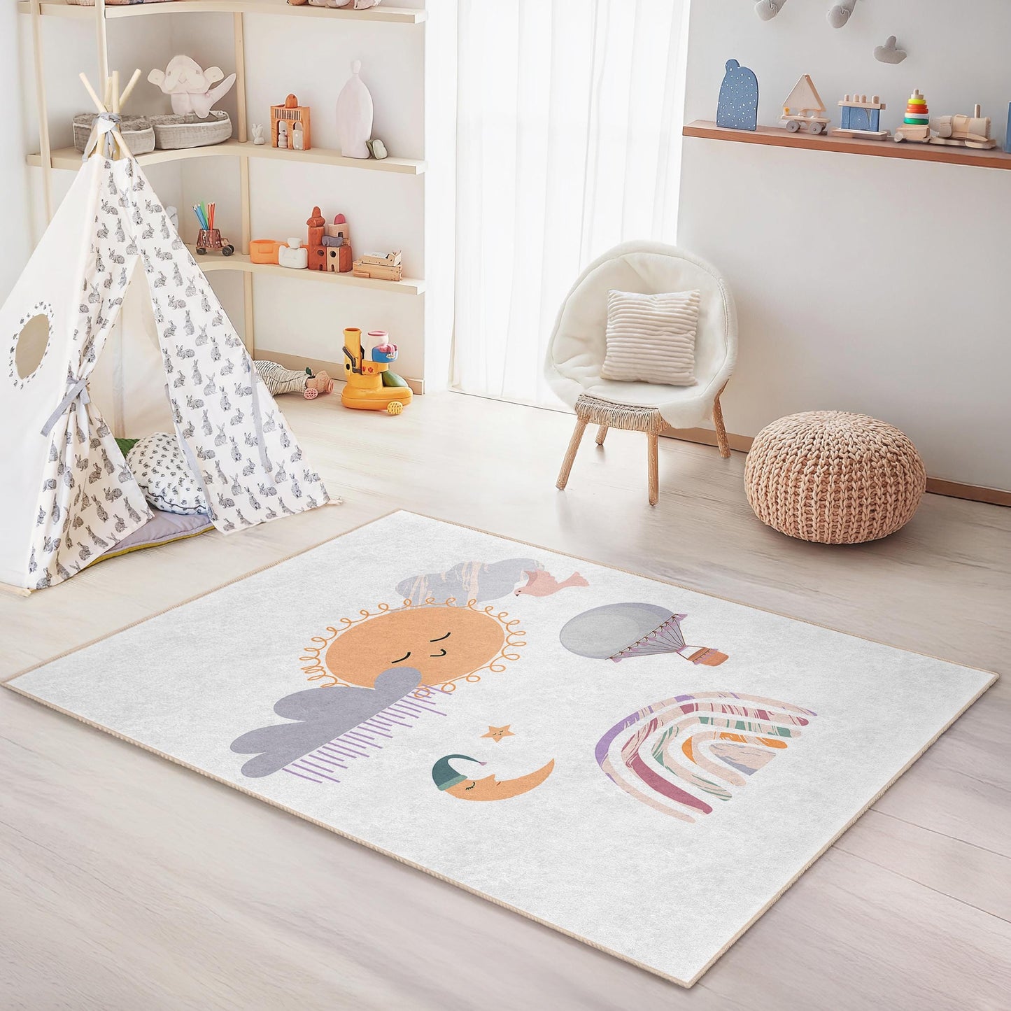 Verspielter Kinderteppich mit Sonne und Wolken, rechteckiger Teppich mit Regenbogenmotiv, Spielzimmerdeko, Kinderzimmerteppich, weiche Spielmatte für Kinder