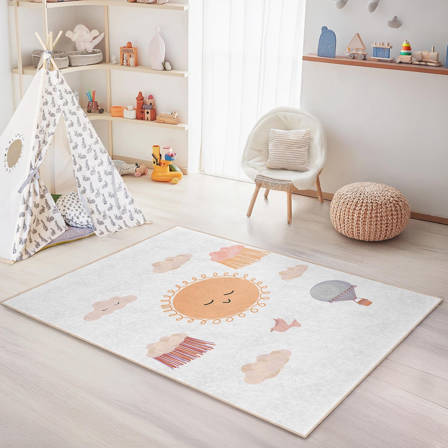 Rechteckiger Kinderteppich „Sonnige Lächeln, bewölkte Träume“, niedliches Sonnen- und Wolkenmotiv, Spielzimmerdekoration, Kinderzimmerteppich