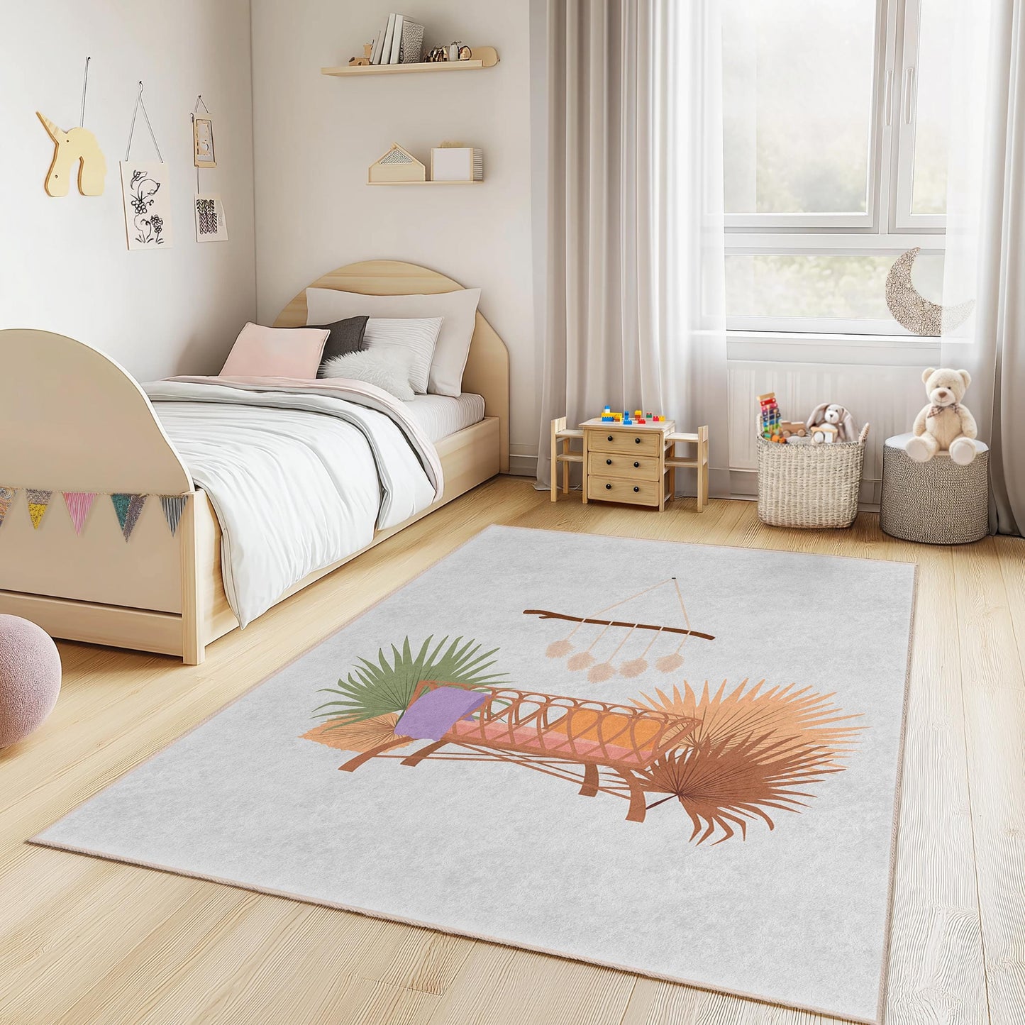Rechteckiger Boho-Chic-Kinderzimmerteppich, weicher Babyzimmerteppich, verspielte Dekoration fürs Kinderzimmer, gemütlicher Schlafzimmerteppich, rutschfeste Matte