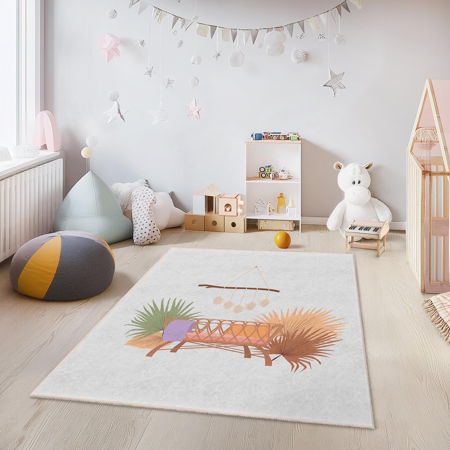 Rechteckiger Boho-Chic-Kinderzimmerteppich, weicher Babyzimmerteppich, verspielte Dekoration fürs Kinderzimmer, gemütlicher Schlafzimmerteppich, rutschfeste Matte