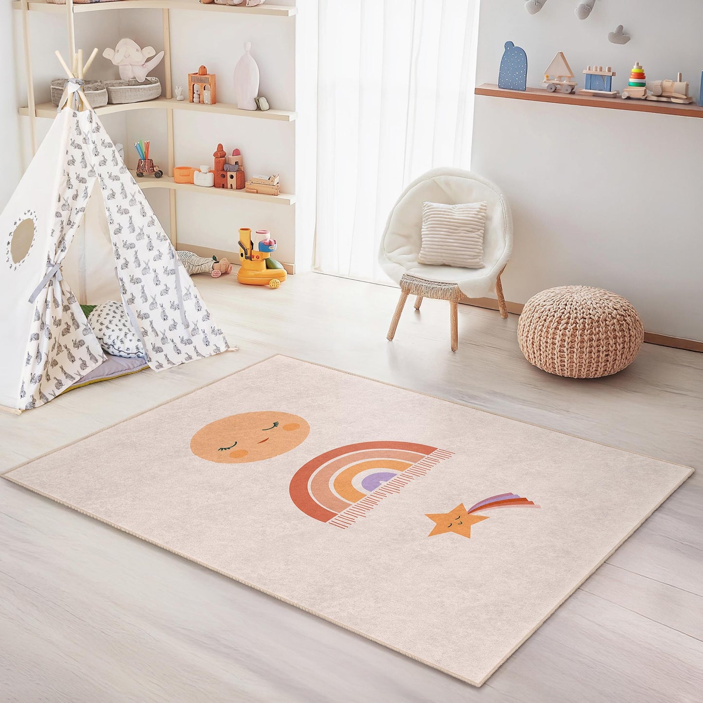 Niedlicher Regenbogen- und Sternen-Kinderteppich, farbenfrohe Kinderzimmerdekoration, rechteckiger Spielzimmerteppich, Babyzimmerteppich, weiche Kindermatte