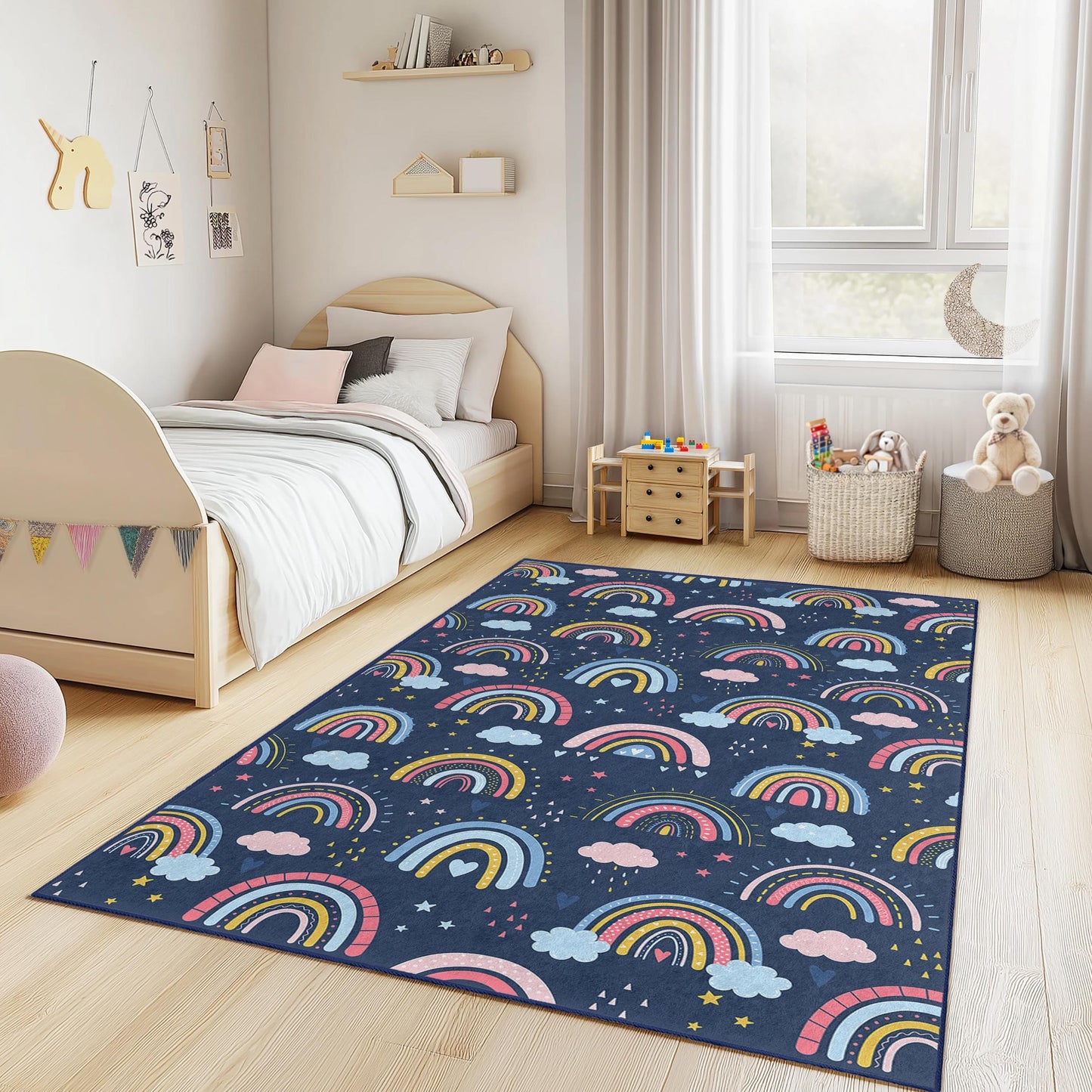 Rechteckiger Kinderteppich „Regenbogenträume“, bunter Regenbogen-Teppich, Spielzimmer-Dekoration, Kinderzimmerteppich