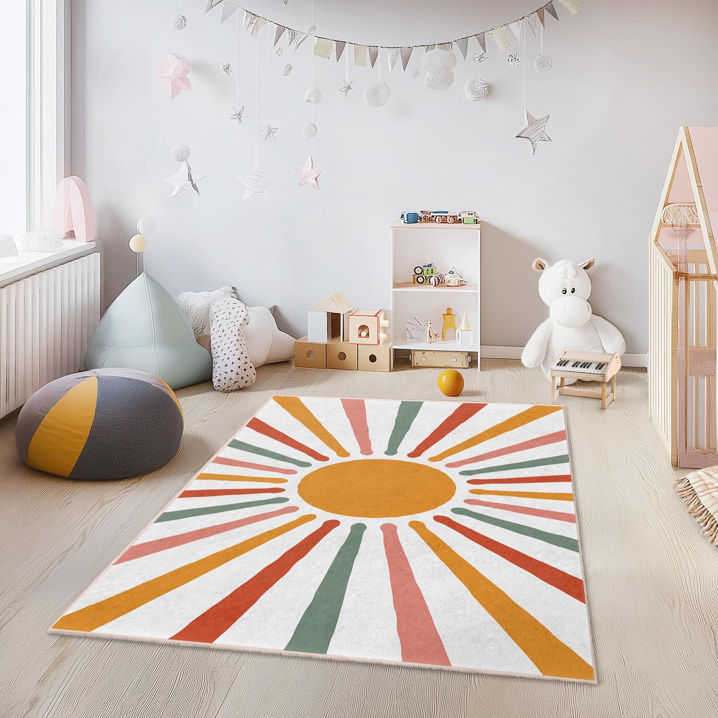 Bunte rechteckige Kinderteppiche „Sunshine Burst“, Kinderzimmerteppich, Spielzimmerdeko, fröhlicher Kinderzimmerteppich, verspielte Matte