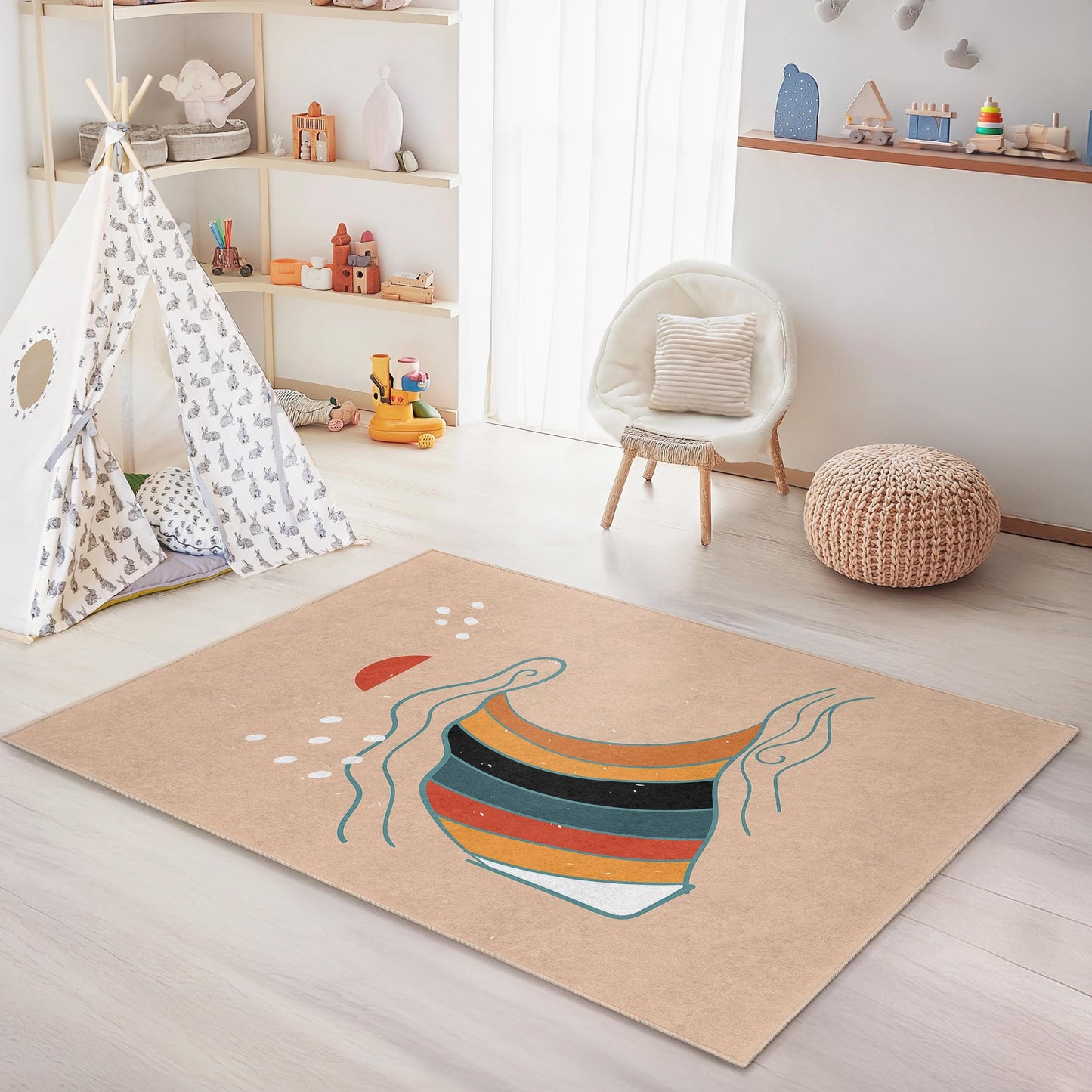 Rechteckiger Kinderteppich mit buntem Wellenmuster, Stranddeko, weicher Spielzimmerteppich, Surferzimmerteppich, vom Ozean inspirierte Matte