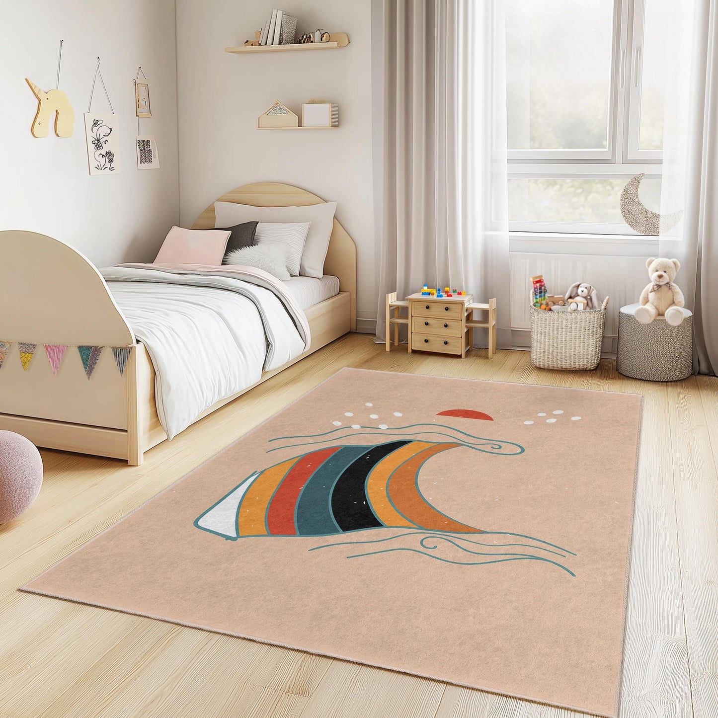 Rechteckiger Kinderteppich mit buntem Wellenmuster, Stranddeko, weicher Spielzimmerteppich, Surferzimmerteppich, vom Ozean inspirierte Matte